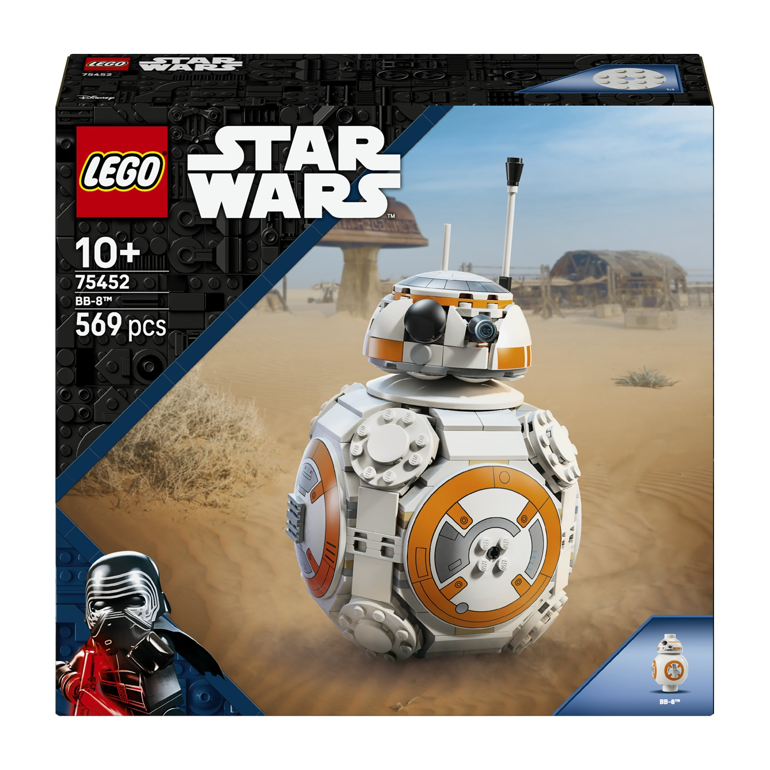 Scatola del set Lego Star Wars BB-8. Mostra il droide BB-8, Kylo Ren, sfondo desertico e logo Lego. Contiene 569 pezzi.