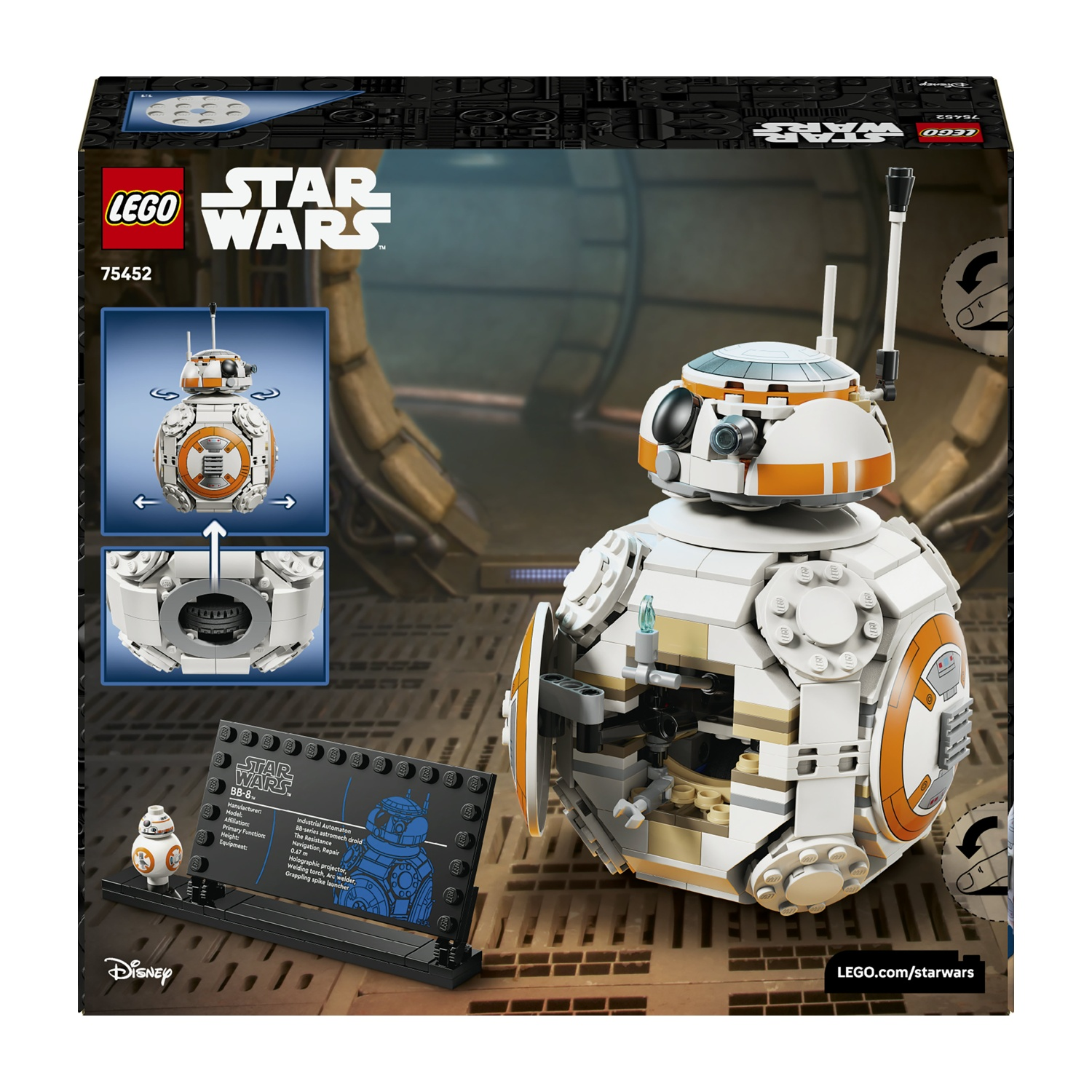 Un modello Lego Star Wars BB-8. La scatola presenta il modello, primi piani e un espositore con dettagli di BB-8. Lo sfondo è un interno di astronave.