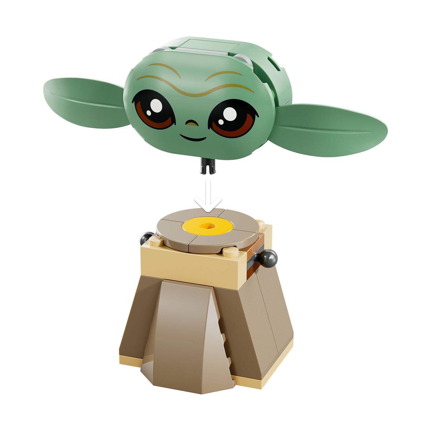 Una figura Lego di Grogu è sopra una struttura Lego marrone e beige. La figura di Grogu ha grandi occhi marroni e pelle verde.