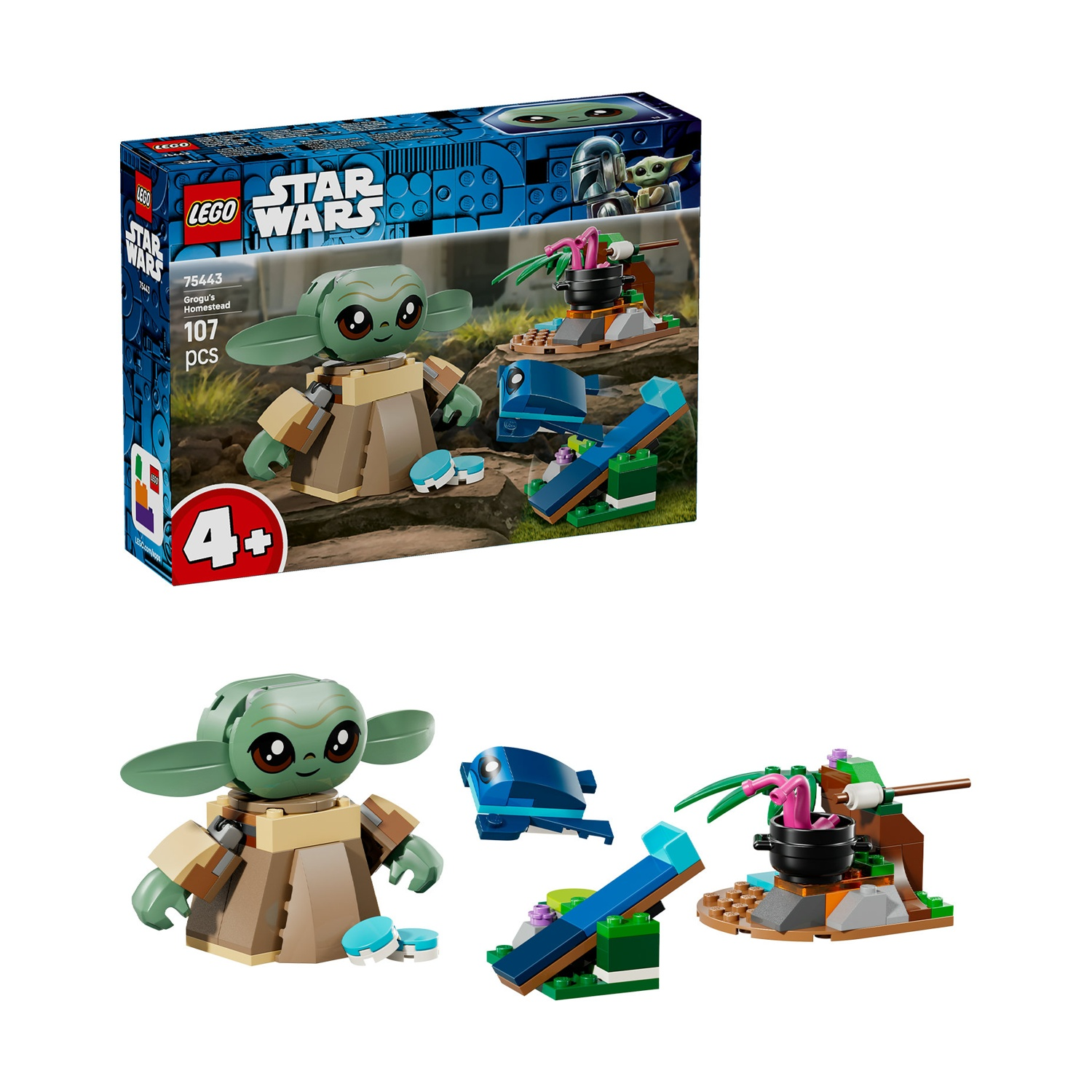 Un set Lego Star Wars Grogu's Homestead. Presenta Grogu, una pentola, un'altalena e un veicolo blu. La scatola mostra il set.
