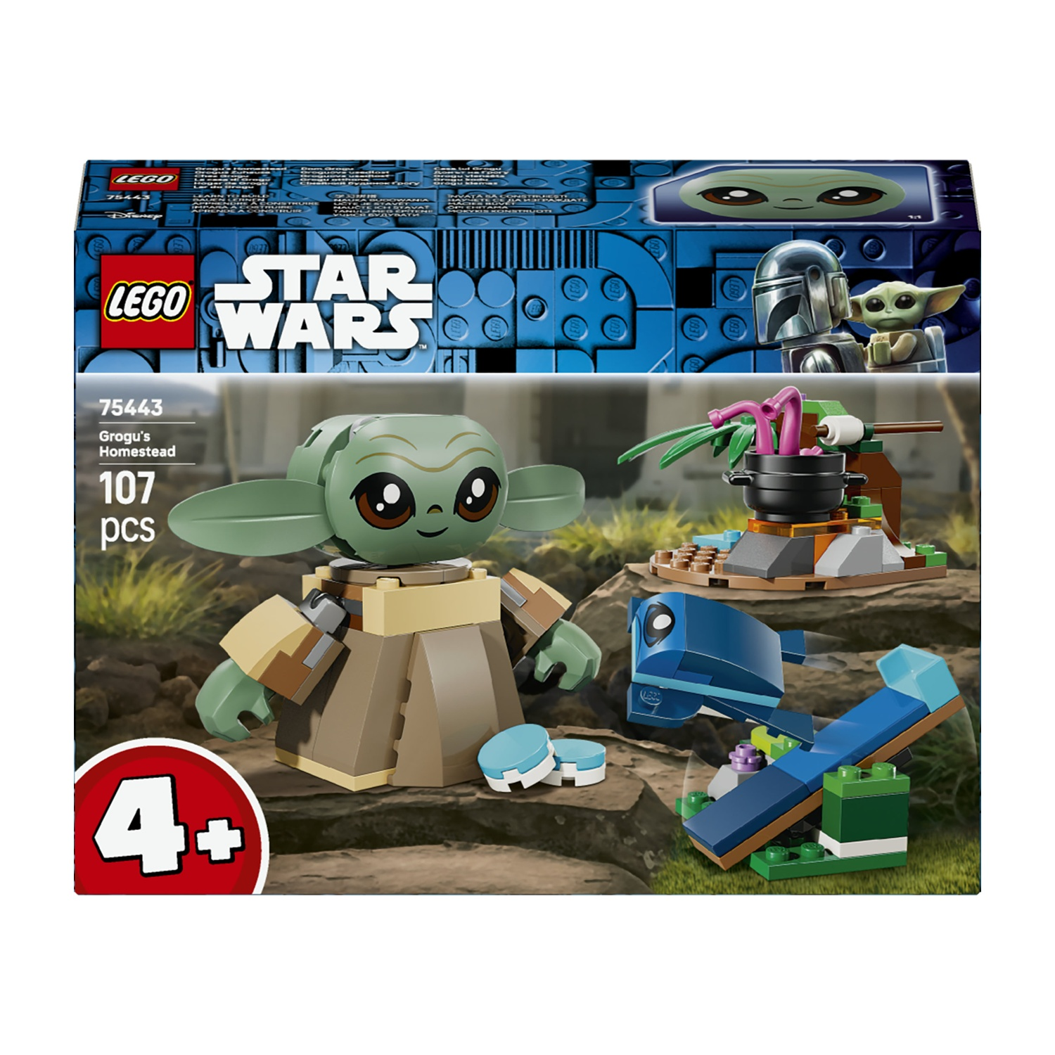Set Lego Star Wars Grogu's Homestead. Include la figura di Grogu, una pentola e una struttura blu. La scatola mostra il Mandaloriano.