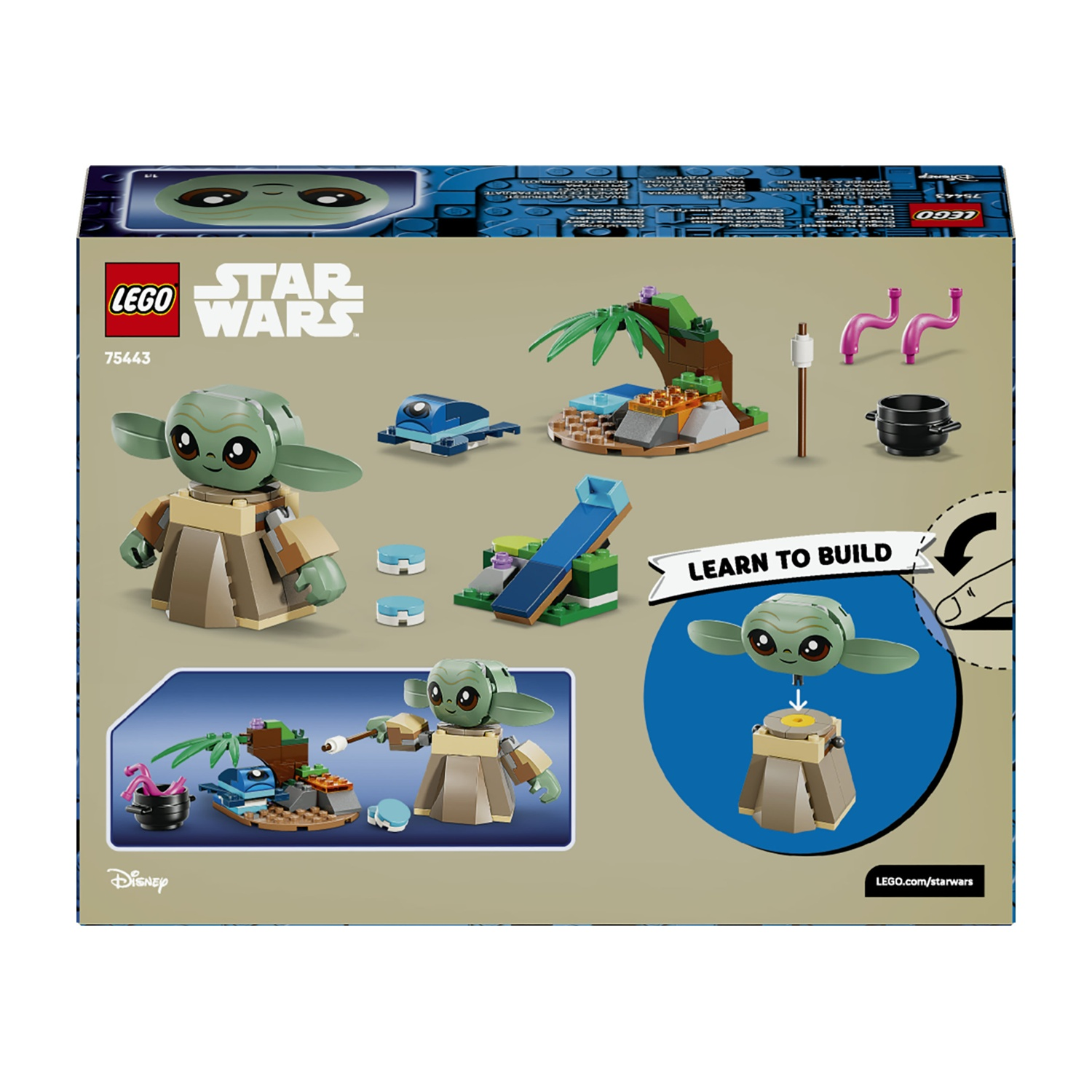 Scatola del set LEGO Star Wars. Presenta la figura di Grogu, piccole costruzioni e istruzioni. Include il logo Disney e il marchio LEGO.