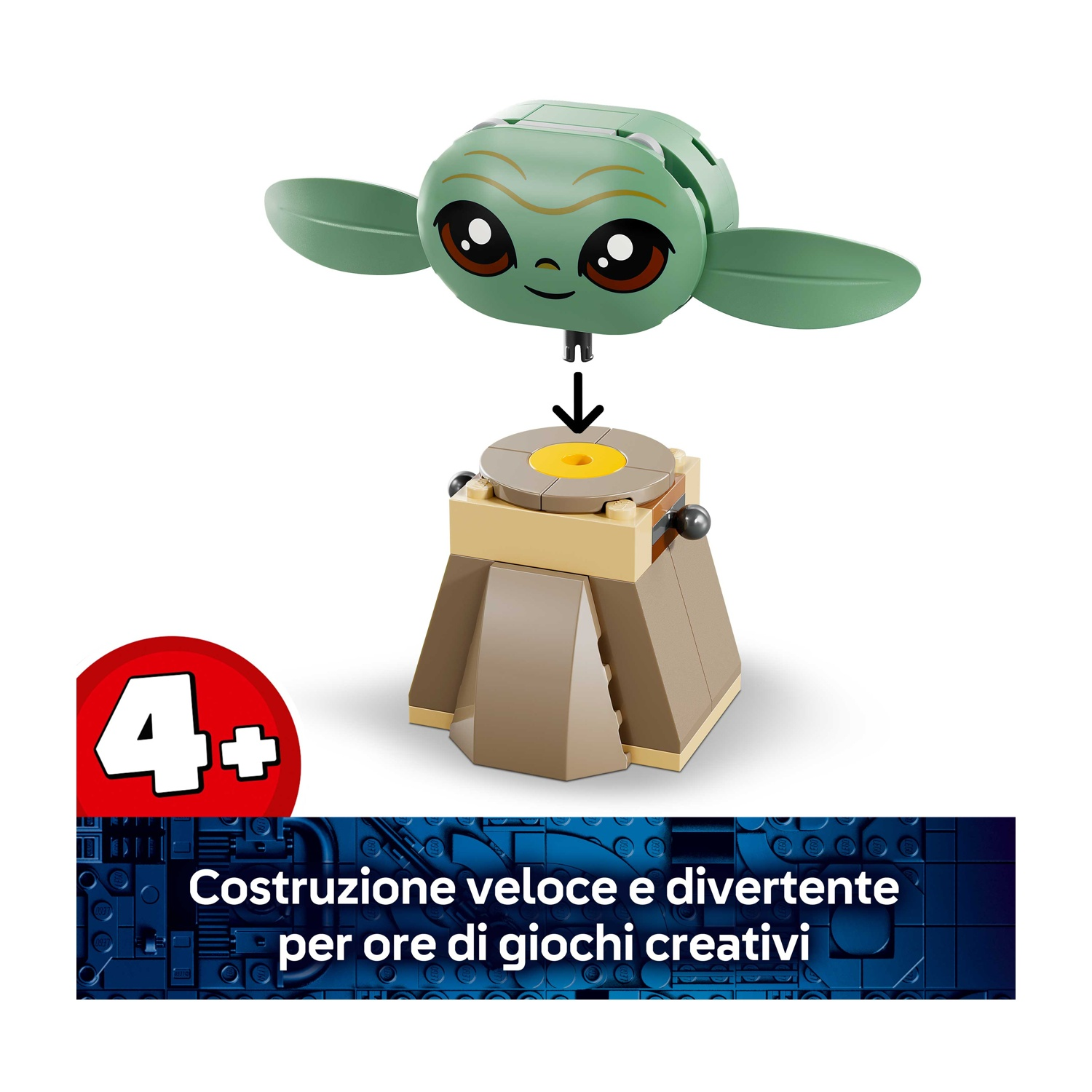 Un set Lego con una figura verde di Grogu sopra una struttura marrone. Un cerchio rosso con '4+' nell'angolo.