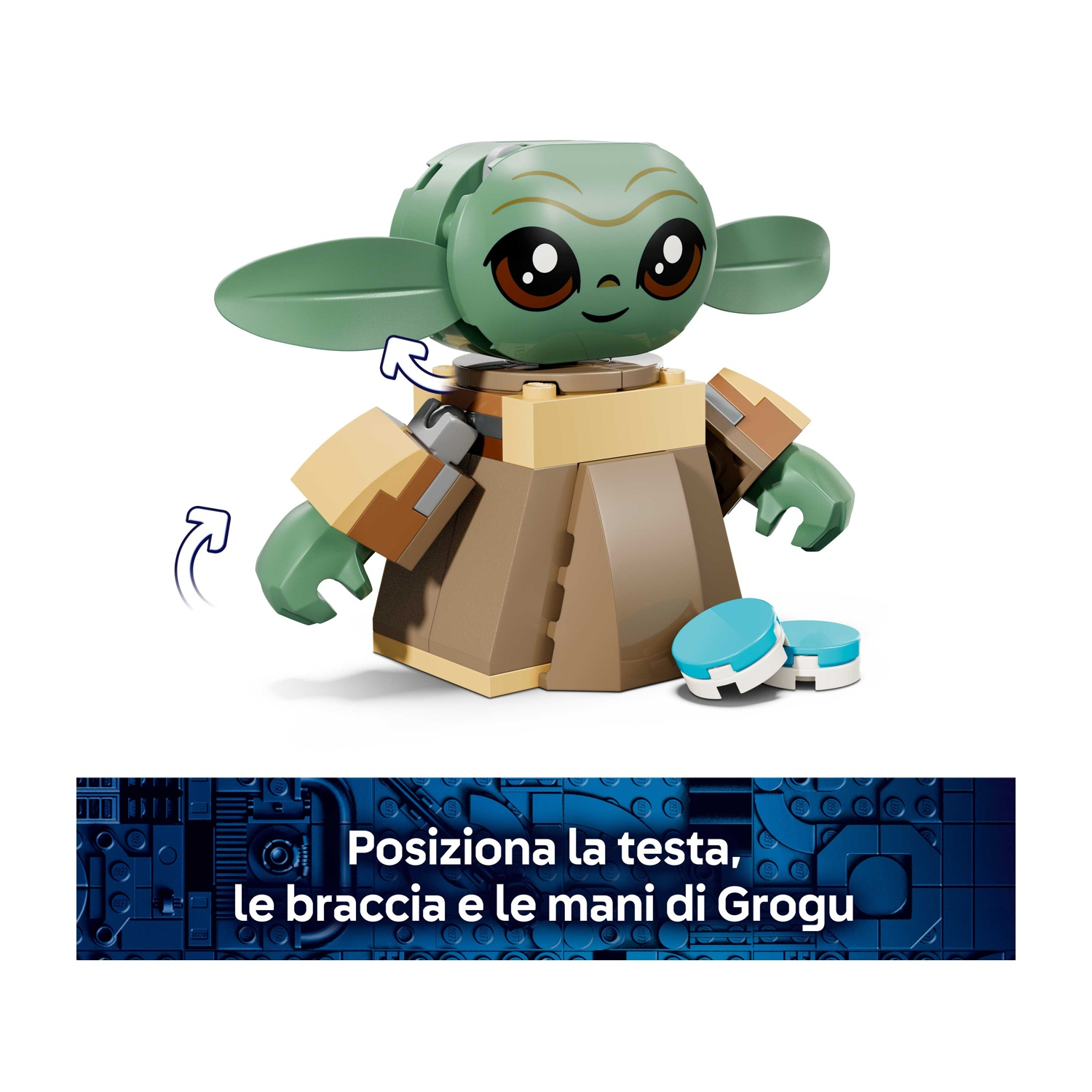 Una figura Lego di Grogu con grandi orecchie, una veste marrone e due dischi blu e bianchi. Istruzioni sotto. Le frecce indicano il movimento.
