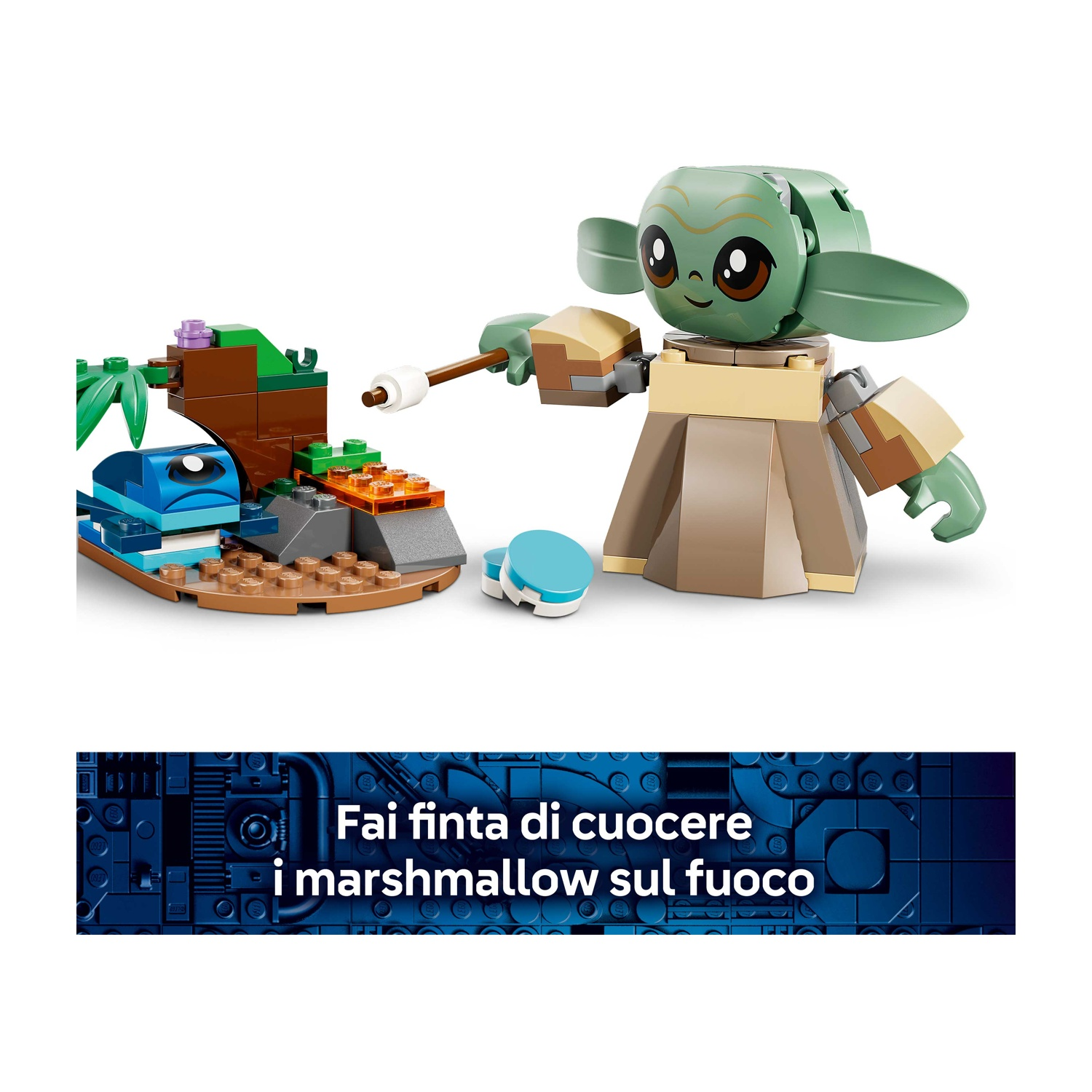 La figura Lego di Grogu tiene un bastoncino con un marshmallow. Un piccolo fuoco e una struttura blu sulla sinistra. Sfondo bianco.