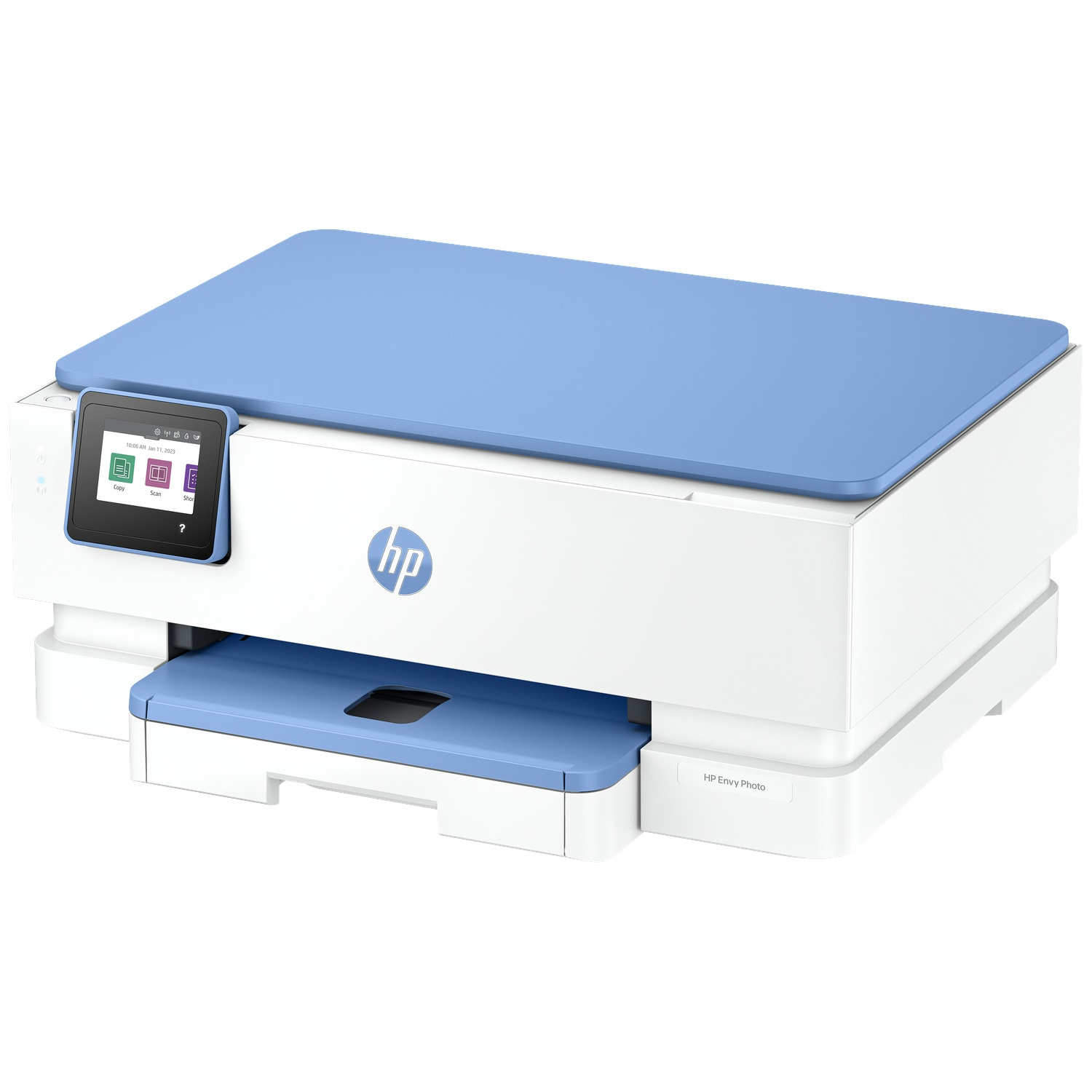 Une imprimante HP Envy Photo. Elle est blanche avec un dessus et un bac à papier bleu clair. L'écran affiche les options copier, scanner et plus.