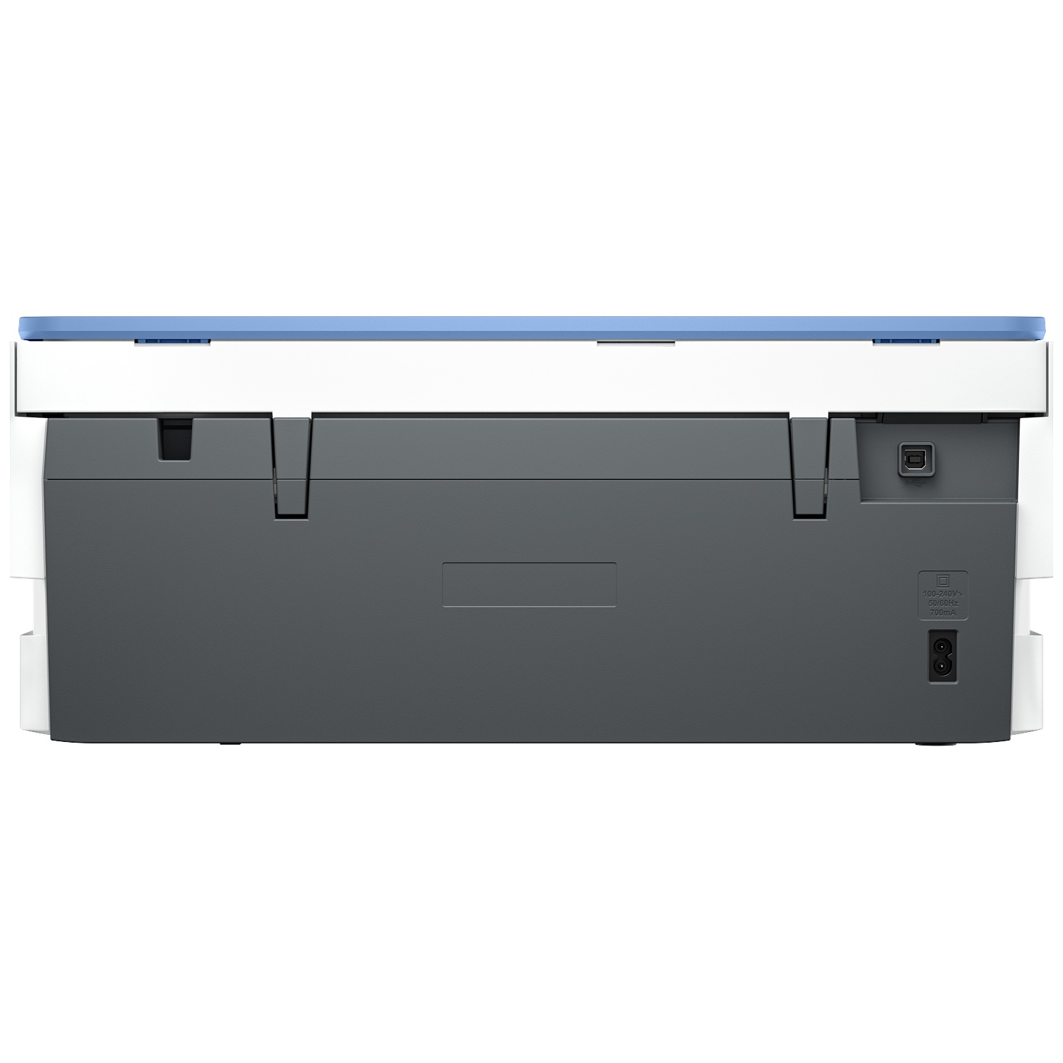 L'arrière d'une imprimante. Il est blanc, gris et bleu. Il possède un cordon d'alimentation, un port USB et d'autres ports.