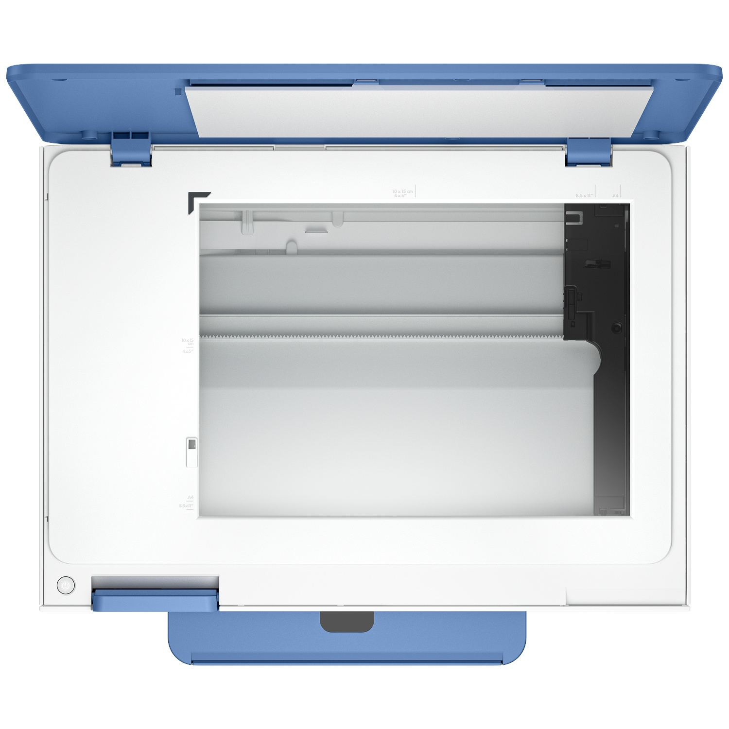 Vue de dessus d'une imprimante scanner blanche et bleue. Le couvercle est ouvert. À l'intérieur se trouvent le verre et la zone de numérisation.