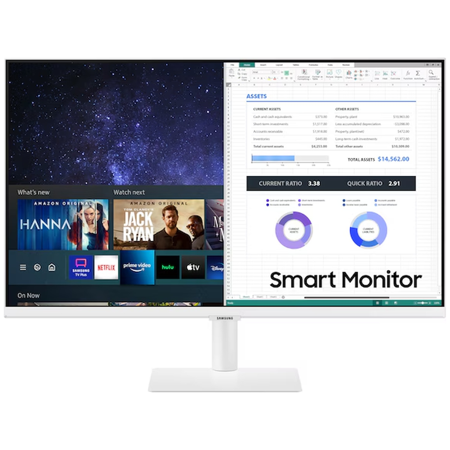 Een witte Smart Monitor toont een financieel rapport en streamingdiensten. Het scherm is gesplitst en toont data en content.