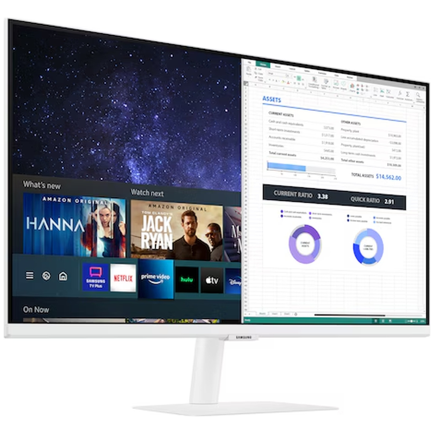 Een witte computermonitor toont links een tv-interface en rechts een spreadsheet met financiële gegevens.