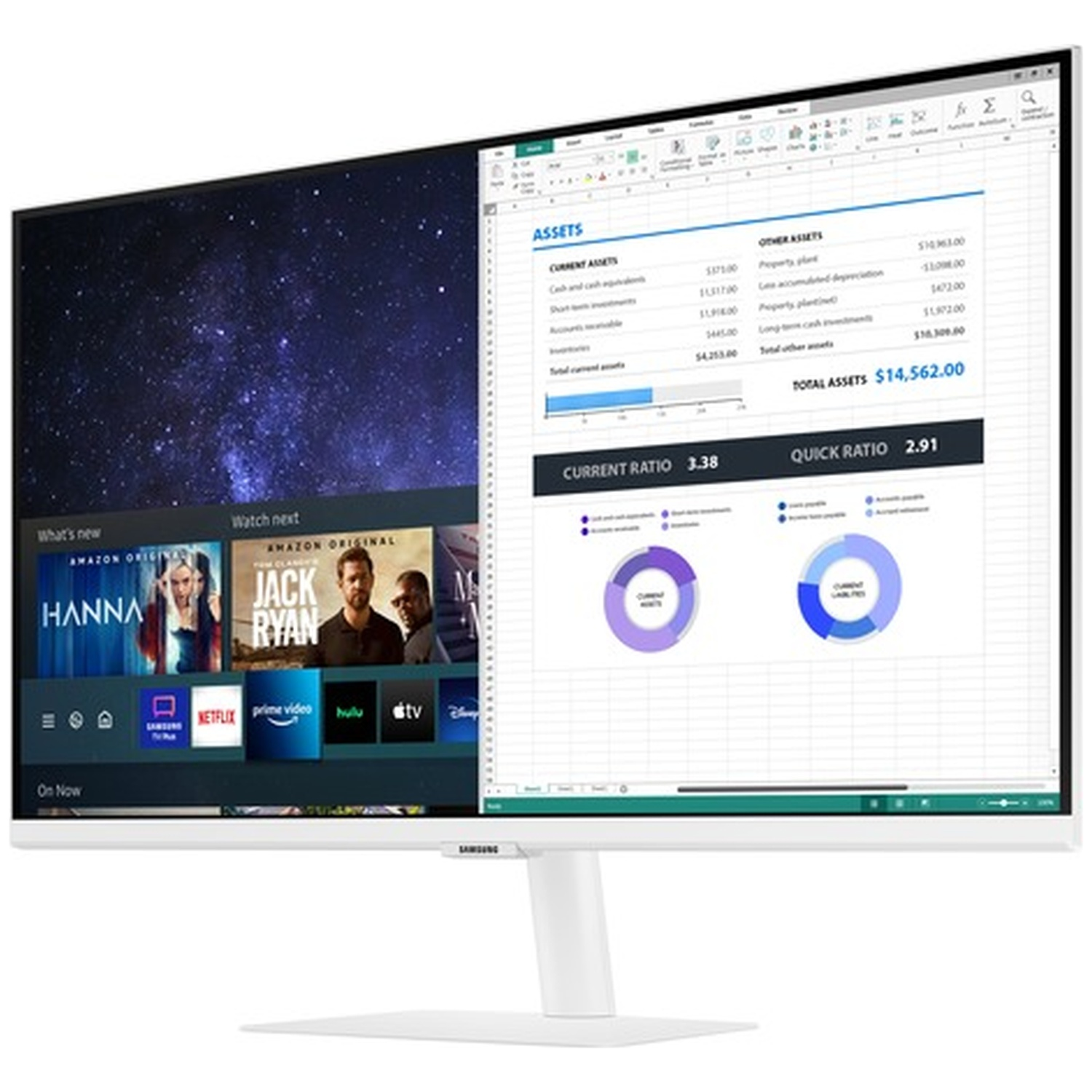 Een witte monitor toont een spreadsheet en streaming interface. Toont financiële gegevens en Amazon Prime Video.