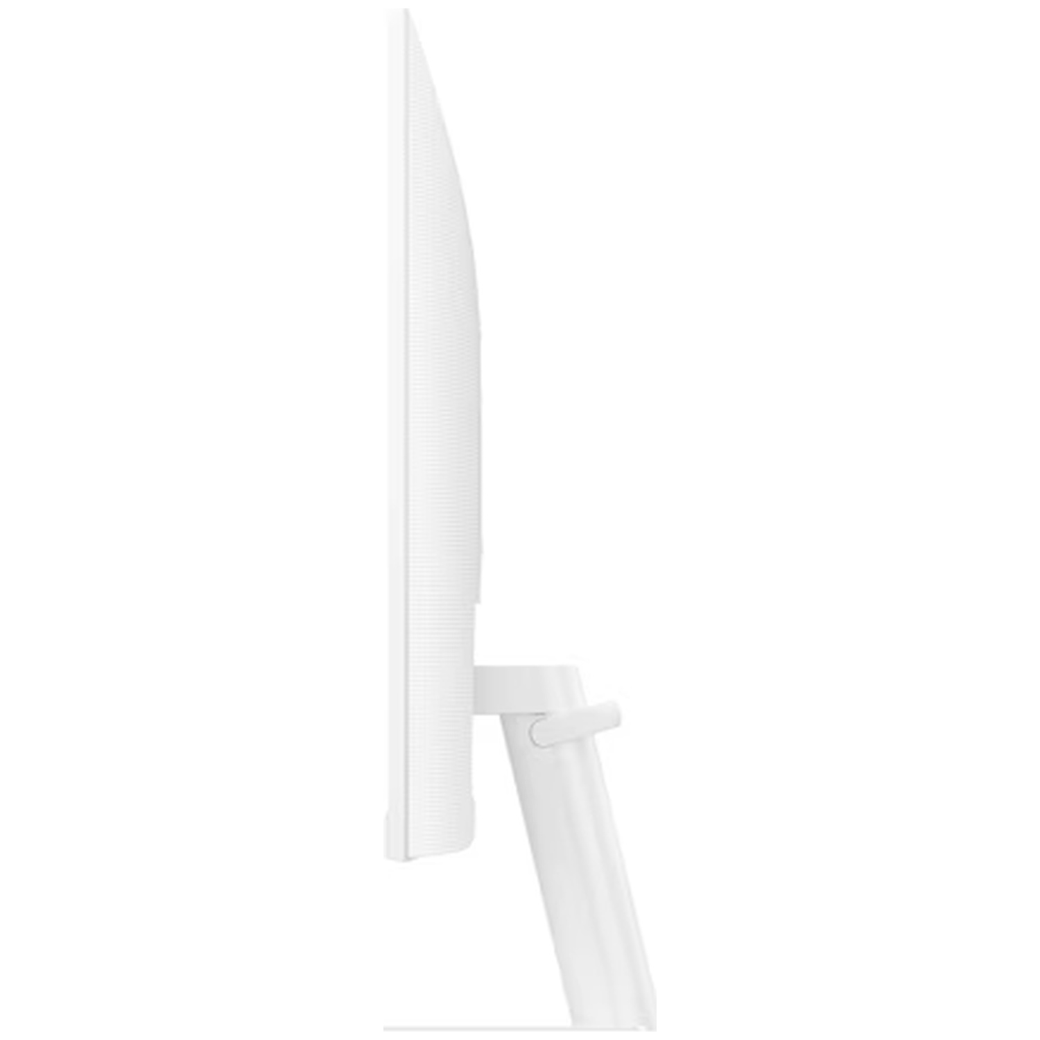 Zijaanzicht van een witte computermonitor. Het scherm is dun, ondersteund door een witte standaard.