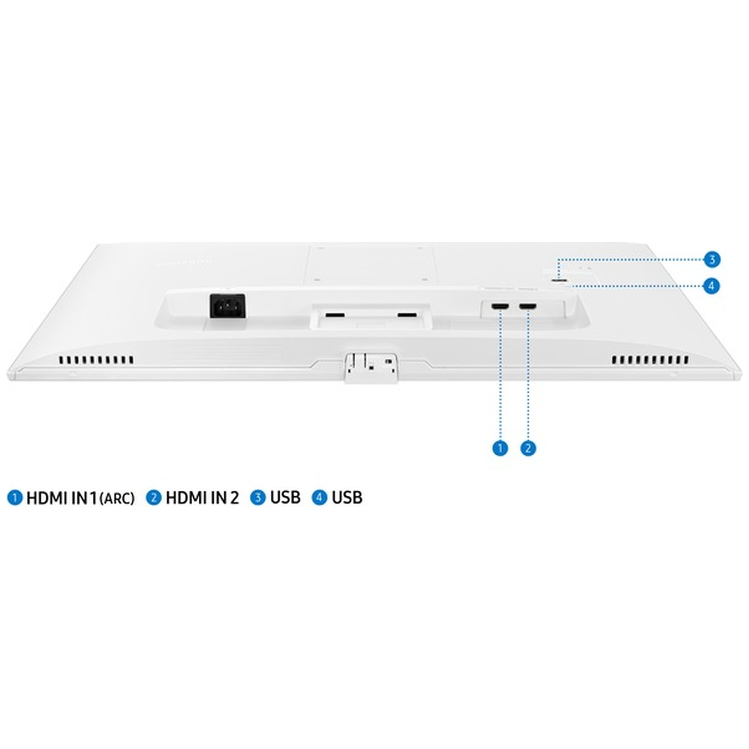 De achterkant van een witte monitor met HDMI-, USB-poorten en een voedingsaansluiting. Gelabelde poorten zijn HDMI 1, HDMI 2 en twee USB-poorten.