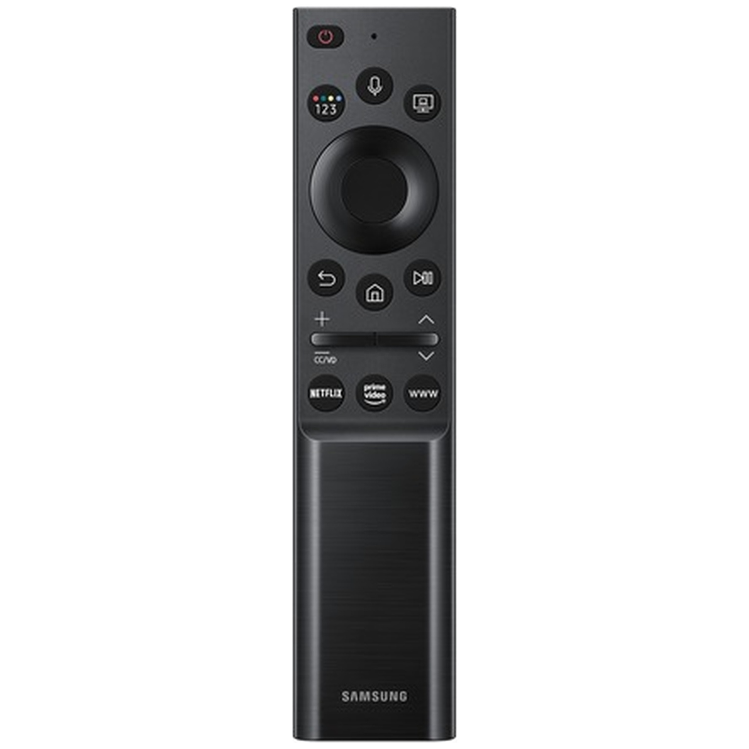 Een zwarte Samsung afstandsbediening. Het heeft veel knoppen, waaronder volume, kanaal, nummers en app-snelkoppelingen.