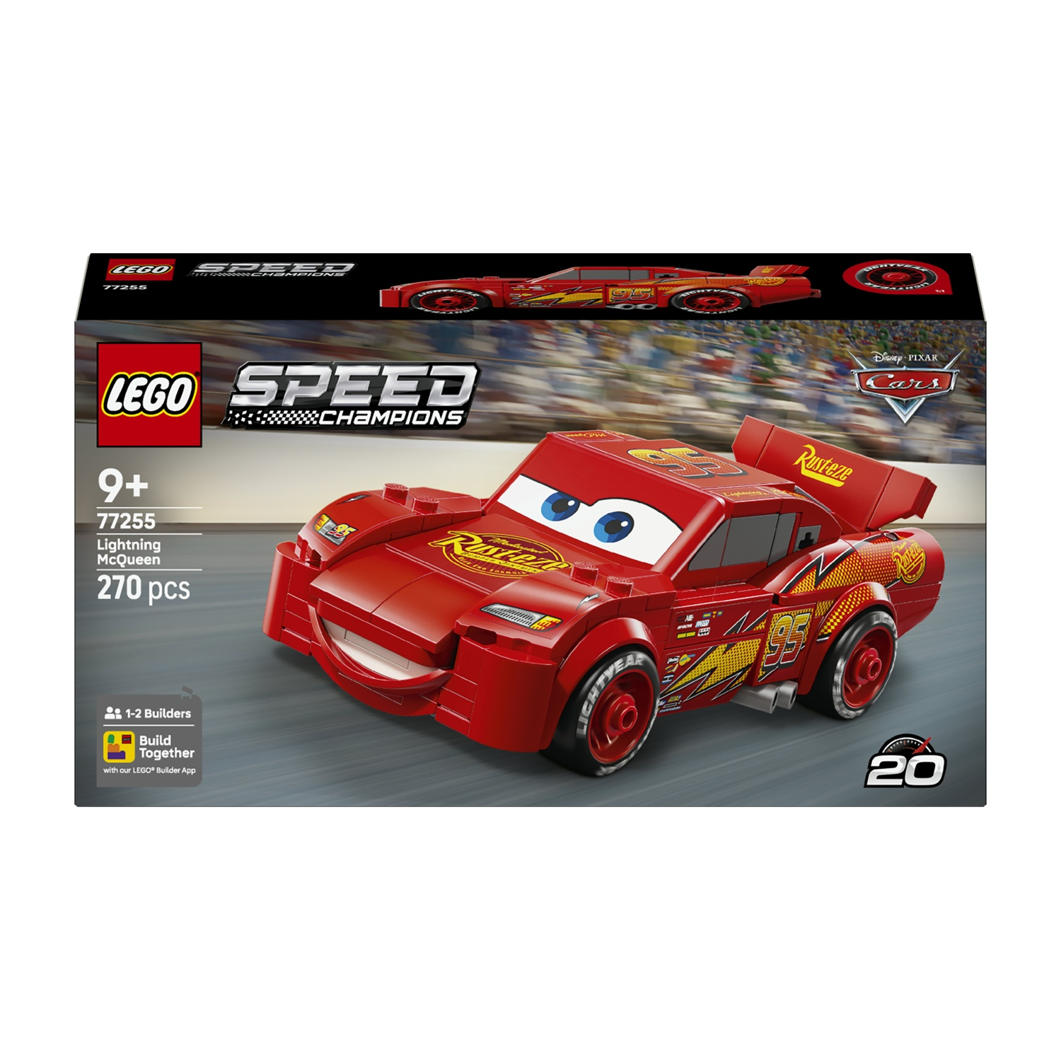 Un set Lego. La scatola presenta un'auto da corsa rossa Lightning McQueen. Lo sfondo mostra una pista e il logo Disney Cars.