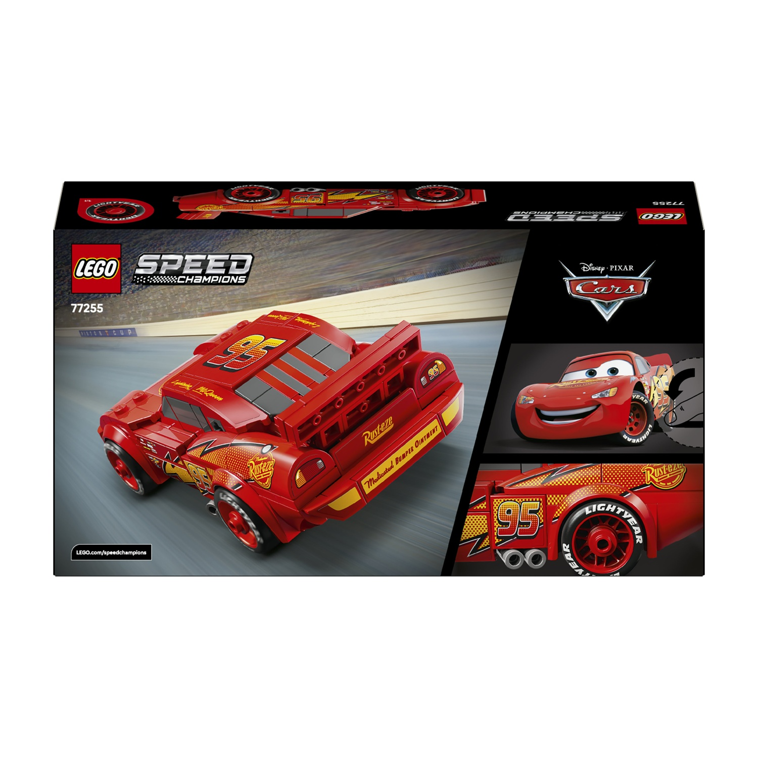 Una scatola Lego per Saetta McQueen. La scatola presenta l'auto Lego, il logo Disney Pixar Cars e il logo Speed Champions.