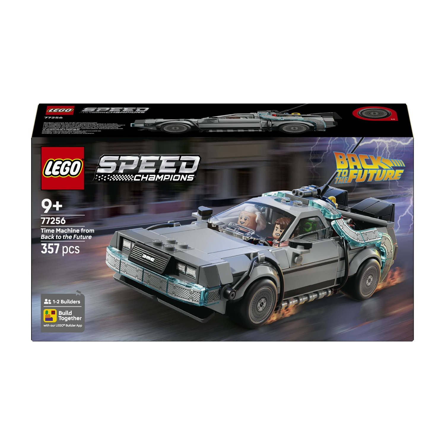 Set Lego Speed Champions con la DeLorean Time Machine di Ritorno al Futuro. La scatola mostra l'auto con le figure.