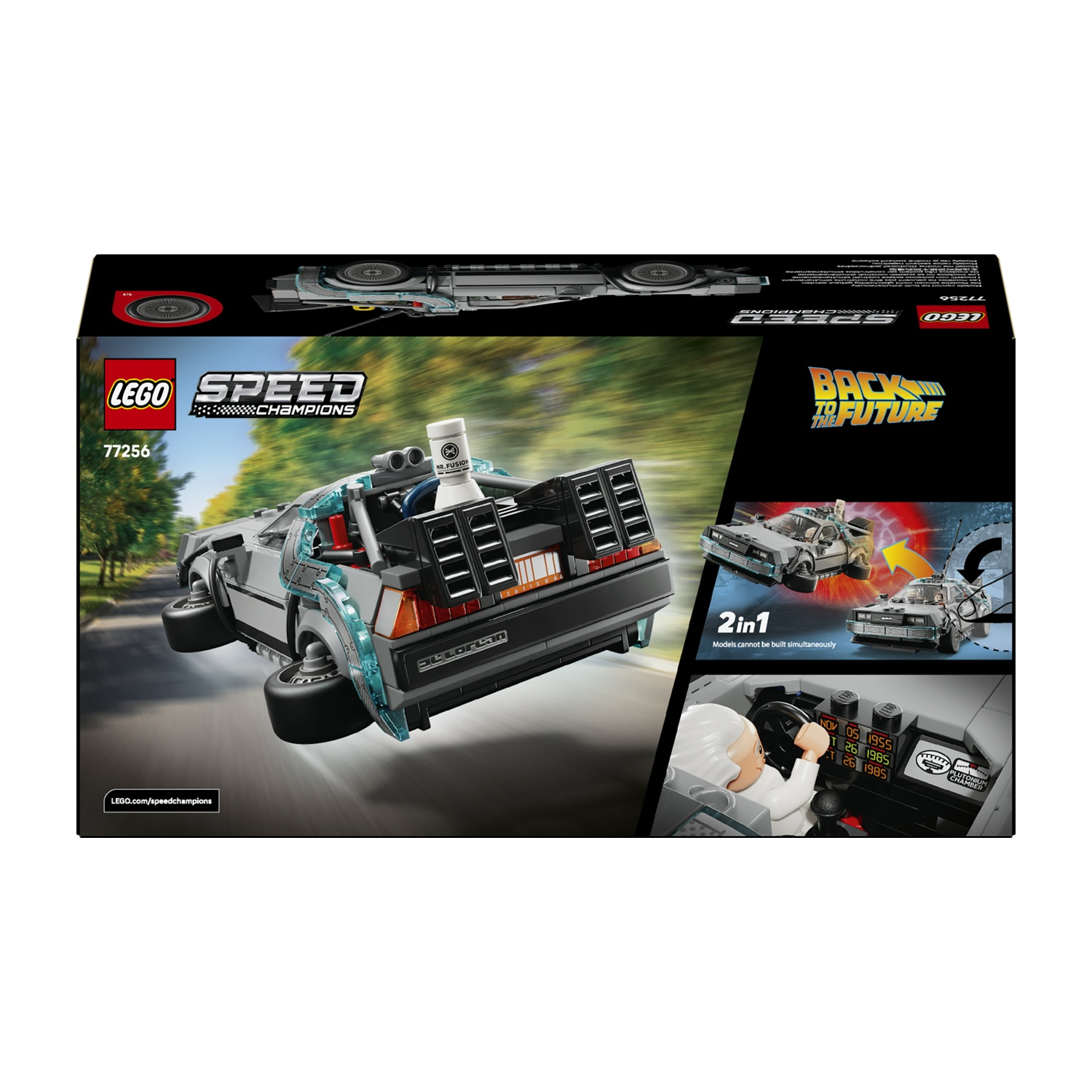 Set Lego Speed Champions con una macchina del tempo DeLorean di Ritorno al Futuro. La scatola mostra l'auto in volo.