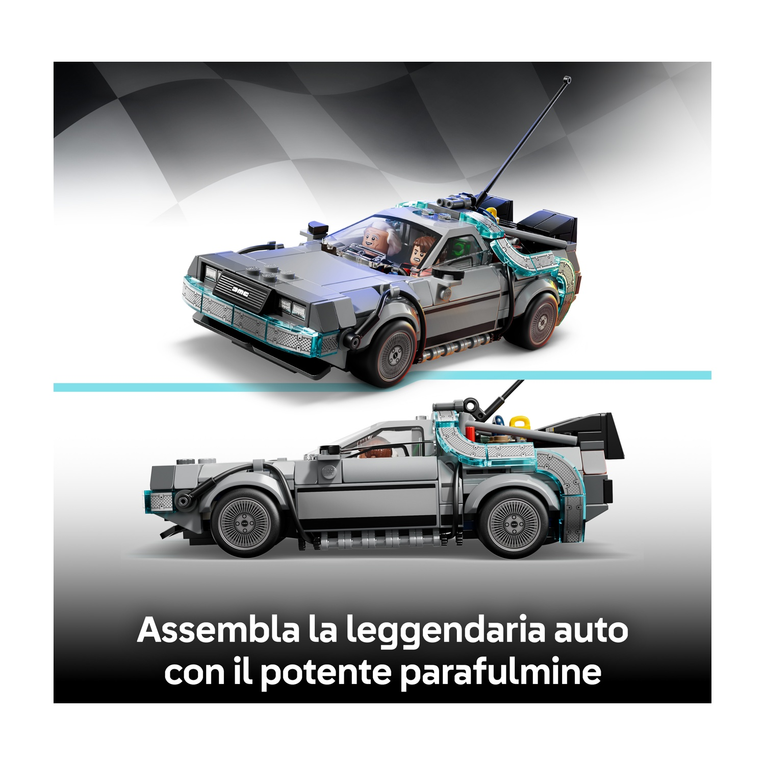L'immagine mostra un kit modello DeLorean in due viste. Auto grigia con dettagli blu. Testo in italiano in basso, 'Assembla l'auto'.
