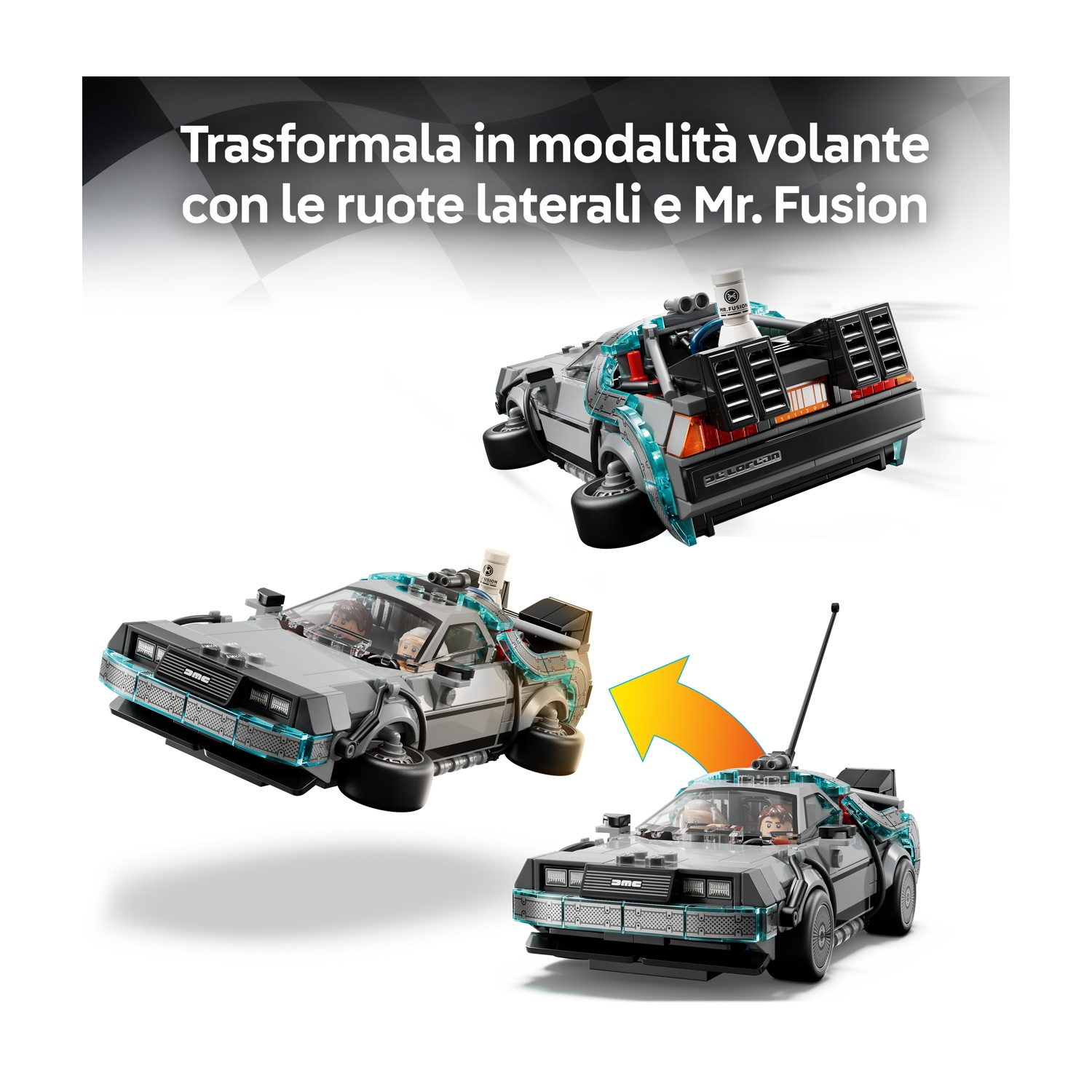 Tre immagini di un modello di auto DeLorean in diverse configurazioni, tra cui una modalità di volo e con Mr. Fusion.