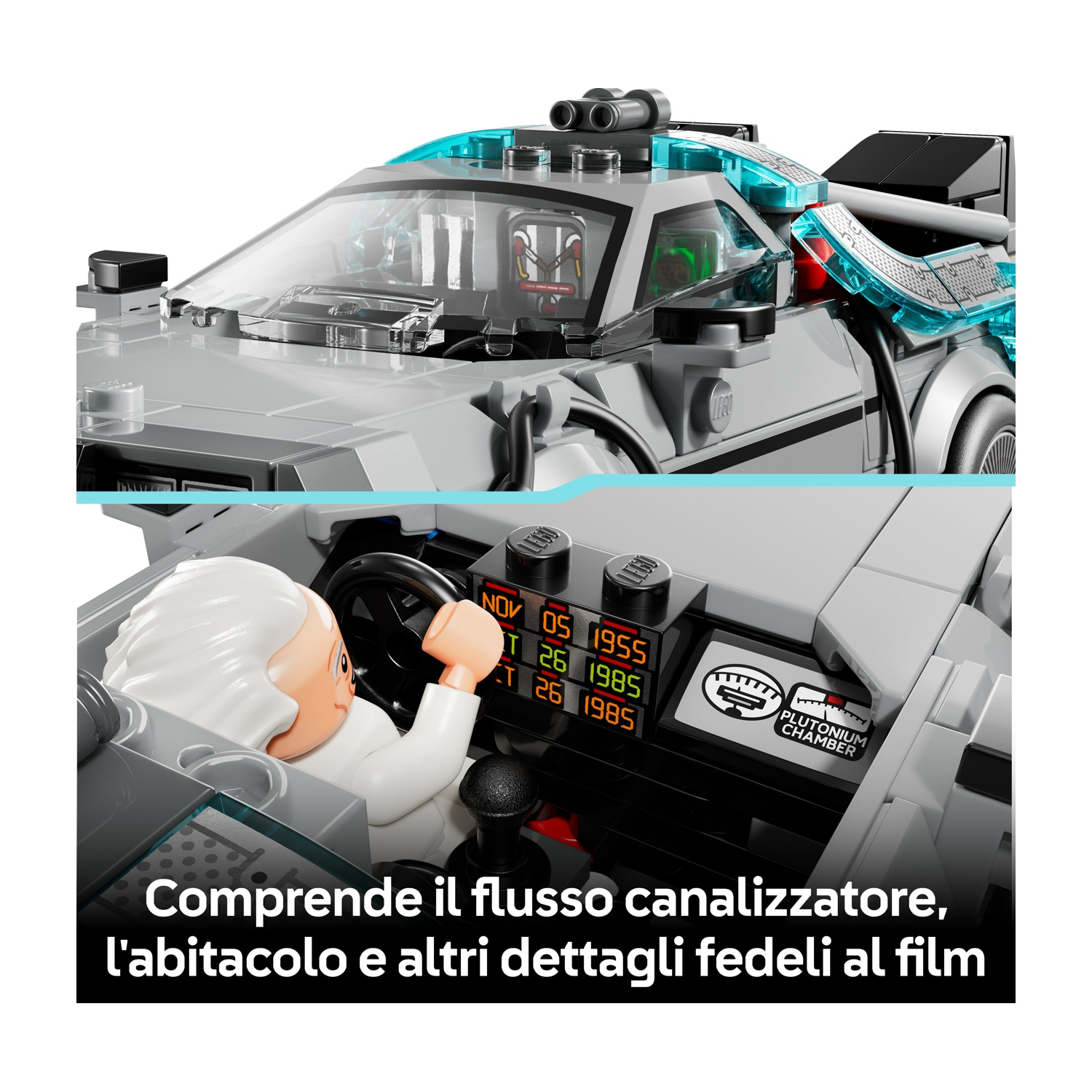 Un modello Lego della DeLorean con Doc Brown alla guida. Include circuiti temporali e dettagli della camera al plutonio.