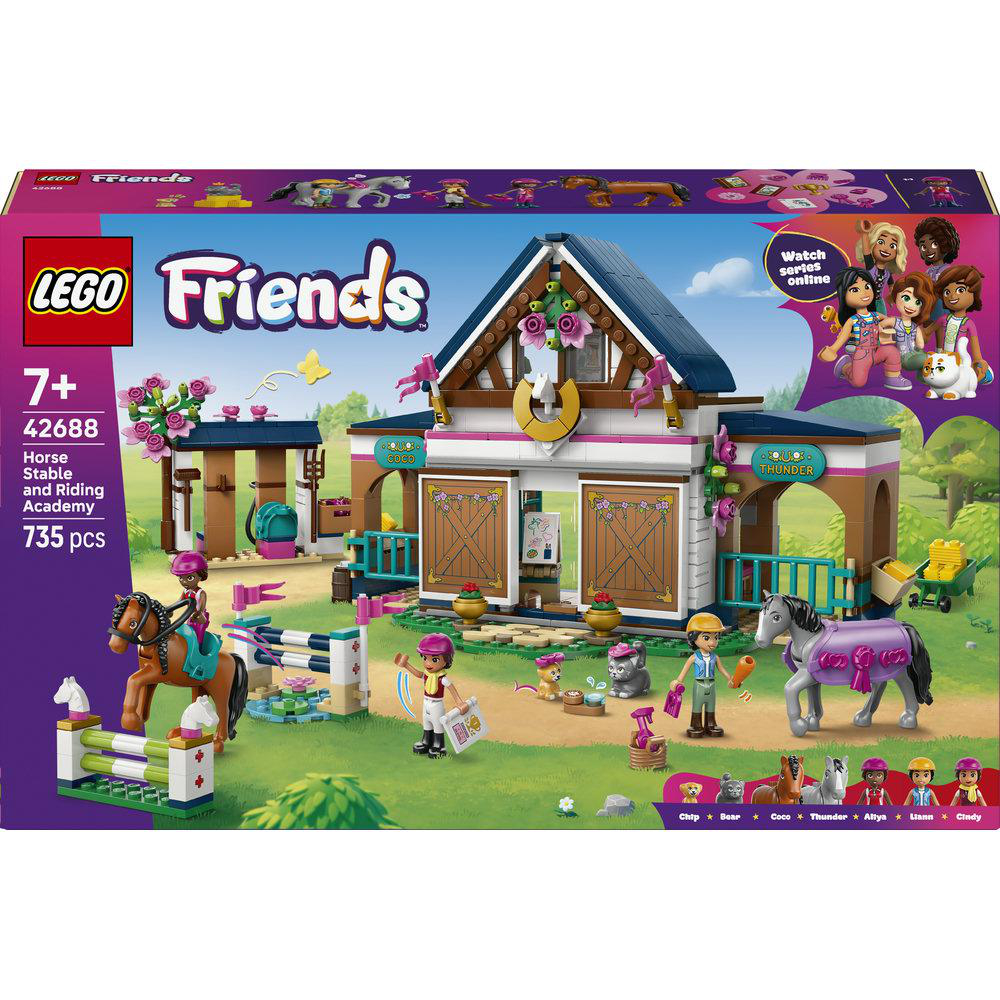 LEGO Friends Pferdestall- und Reitakademie-Box. Sie enthält einen Stall, Pferde und Minifiguren und ist für Kinder ab 7 Jahren geeignet.