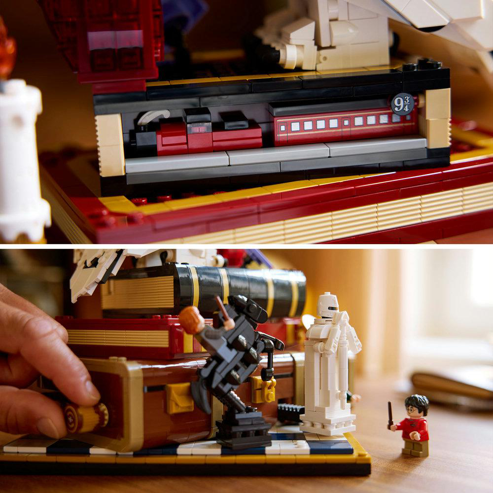 Lego-Set mit Hogwarts-Express und Figuren. Der Zug ist rot und schwarz, mit einem Bahnsteig. Figuren sind Harry Potter und eine Statue.