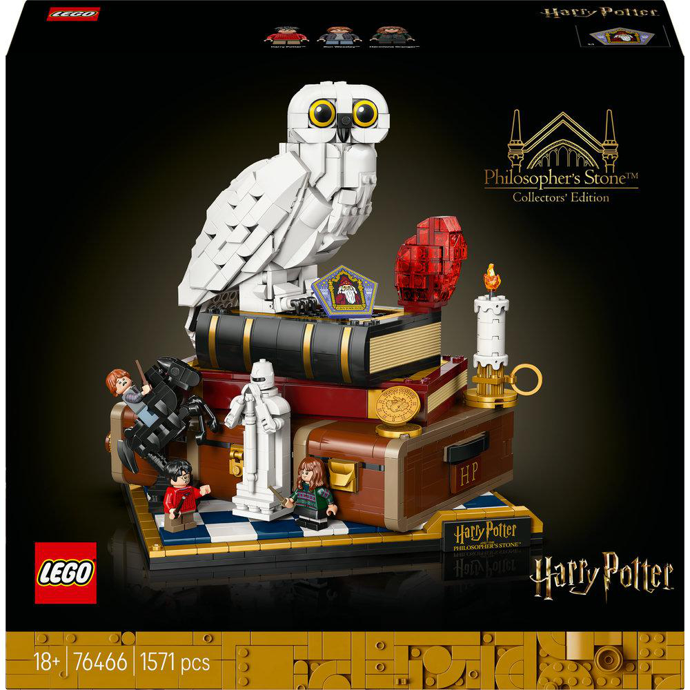 LEGO Harry Potter Set. Eine weiße Eule sitzt auf Büchern mit Figuren. Kerze, roter Edelstein und Münze an der Seite. Die Box hat das LEGO-Logo.