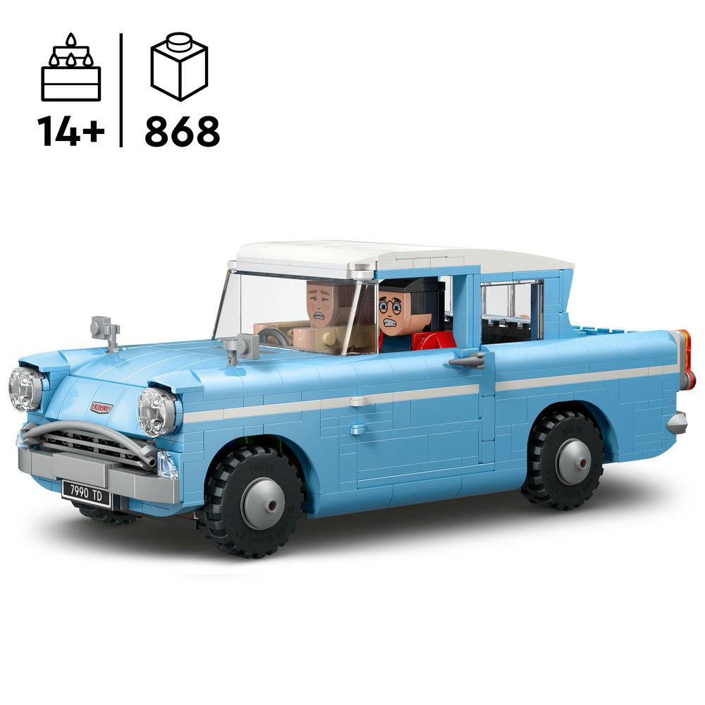 Ein hellblaues Lego-Auto mit zwei Lego-Figuren darin. Das Auto hat schwarze Reifen und ein weißes Dach. Das Set enthält eine Altersempfehlung ab 14 Jahren und 868 Teile.