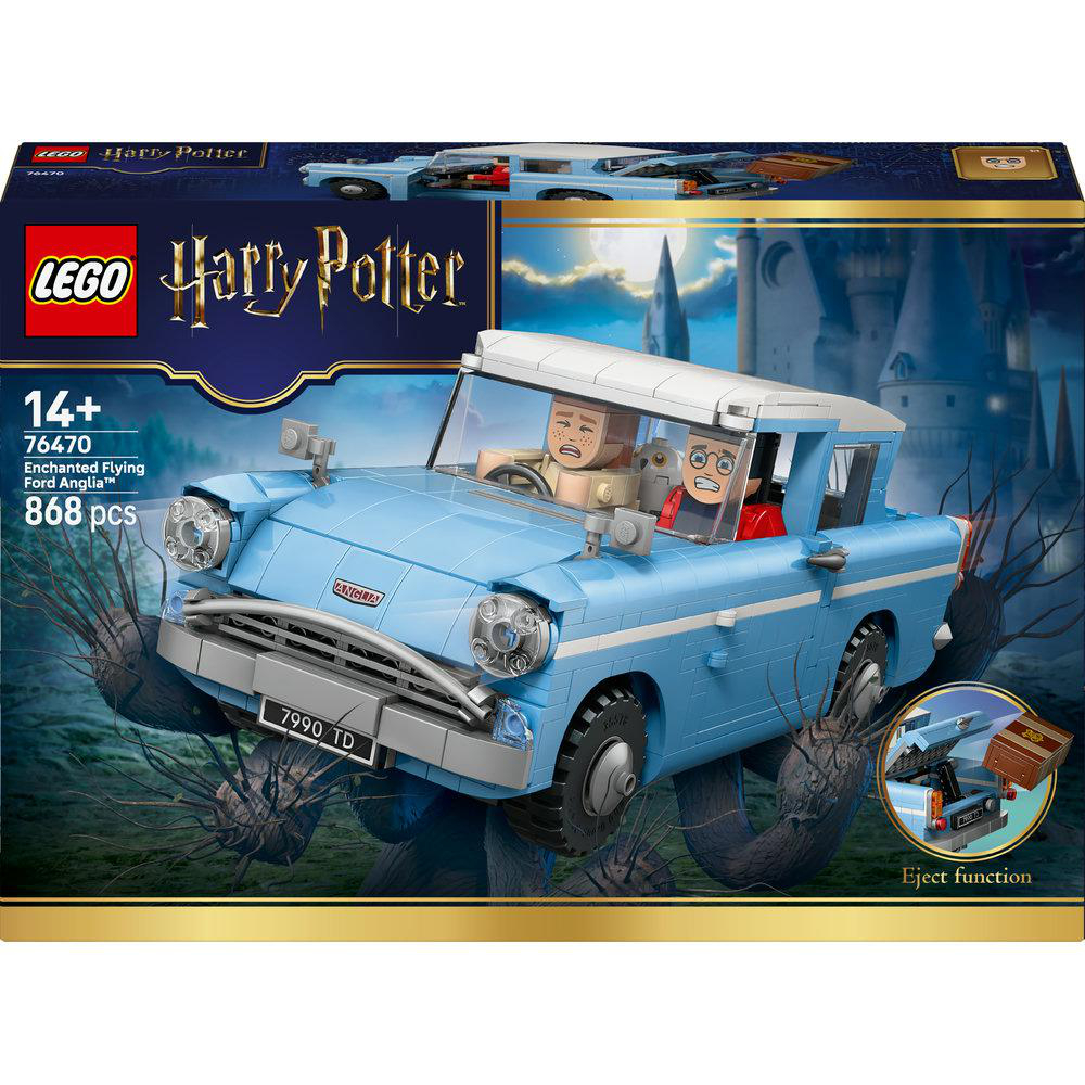 Lego Harry Potter Set. Blaues Ford Anglia Auto mit Figuren. Box-Art zeigt Auto, Hogwarts im Hintergrund und Text.