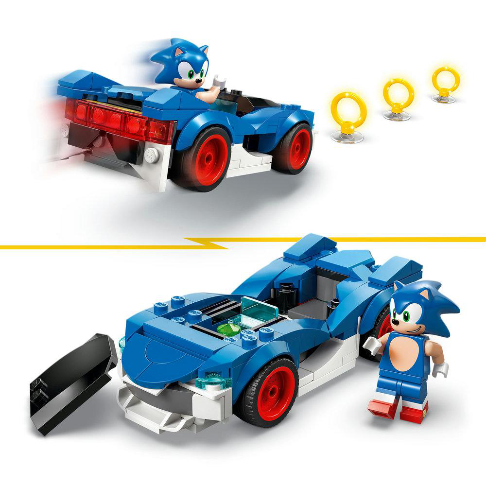 Sonic Lego-Set mit einem blauen Rennwagen mit roten Rädern und der Sonic-Figur. Im Hintergrund sind auch Ringe zu sehen.