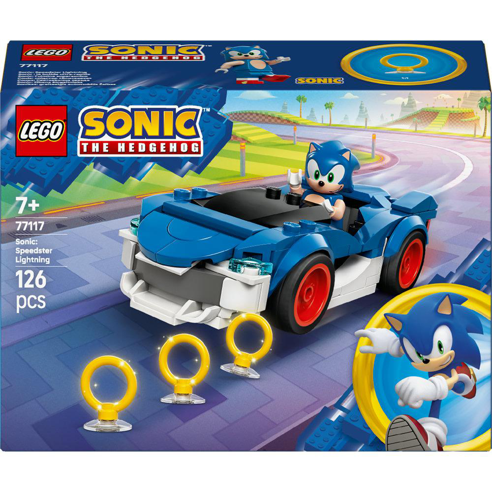 Eine Lego Sonic-Set-Box. Sie zeigt Sonic in einem blauen Auto. Die Box hat die Lego- und Sonic-Logos.