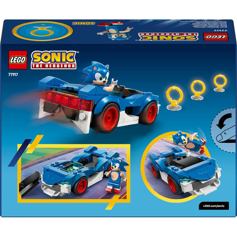 Lego Sonic Box-Art. Sonic in einem blauen Auto. Ringe und eine Sonic-Figur sind ebenfalls sichtbar. Der Hintergrund ist blau.