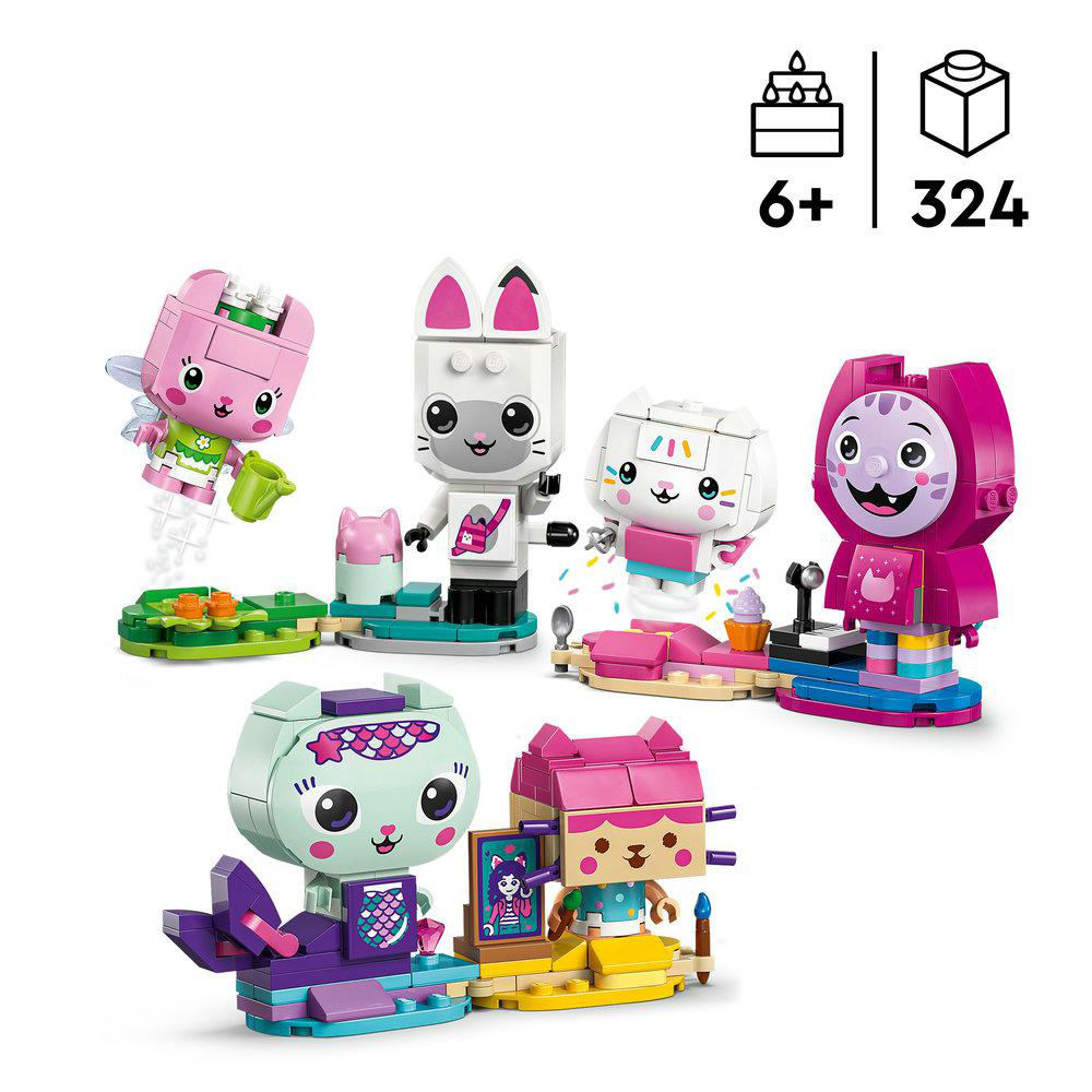 Buntes Bausteinset mit katzenartigen Figuren. Enthält eine rosa Katze mit Flügeln, einen weißen Hasen und lila Katzenfiguren.