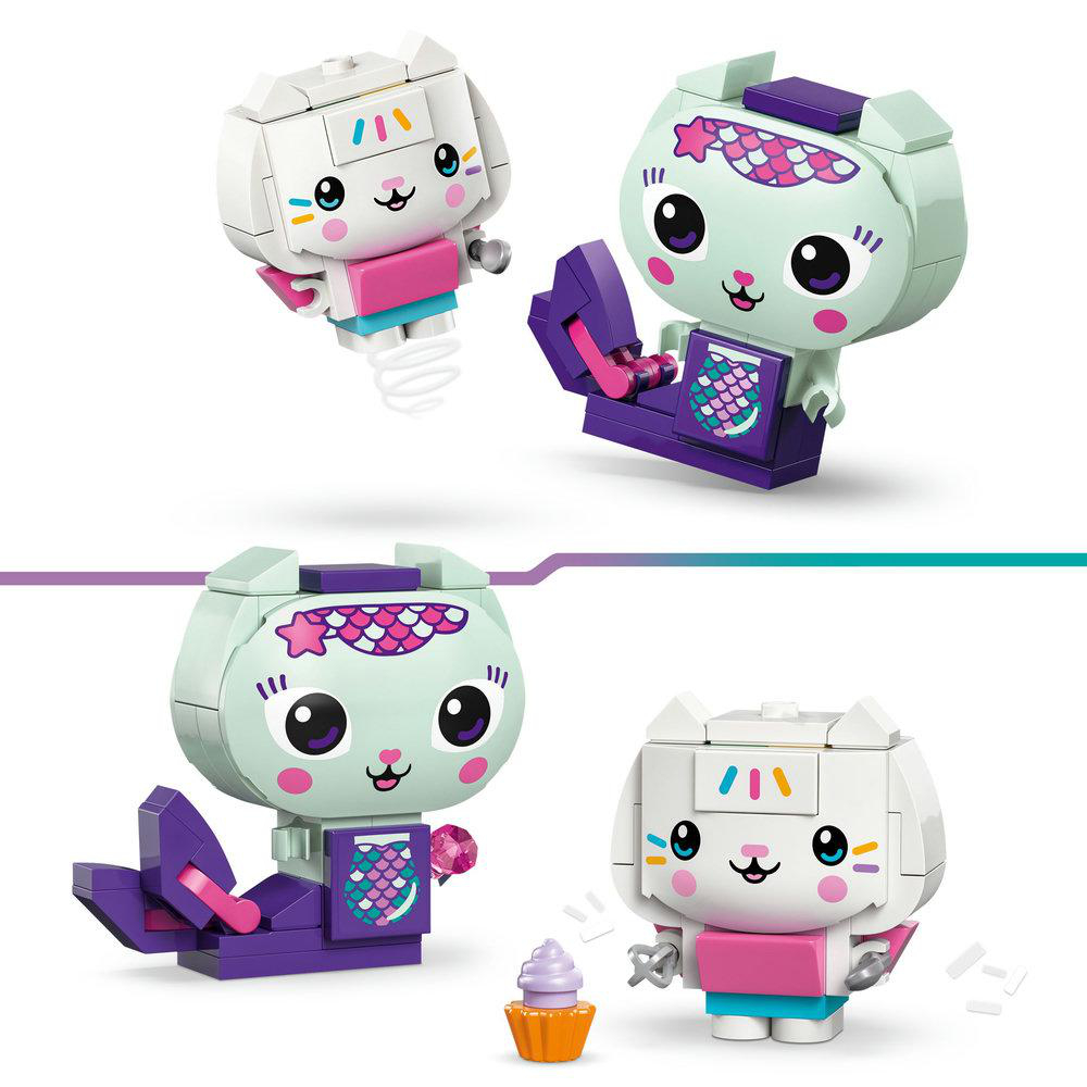 Vier katzenartige Spielzeuge in verschiedenen Posen. Sie haben weiße, mintgrüne und rosa Farben. Eines hält einen Cupcake. Lila Akzente sind sichtbar.