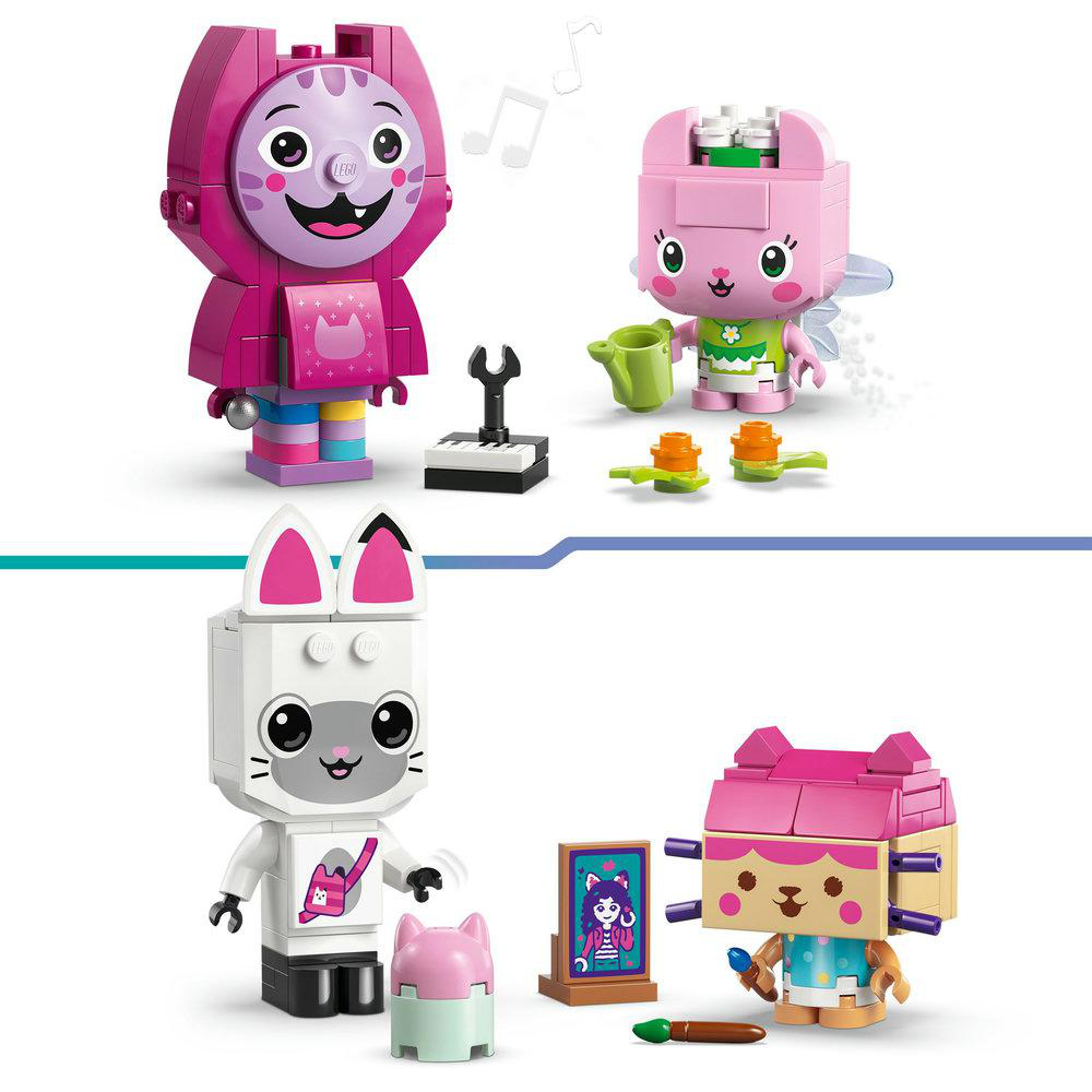 Vier Lego-Figuren. Eine rosa Katze, eine Fee, eine weiße Katze und ein Hund. Sie sind alle aus Plastikblöcken und spielbereit.