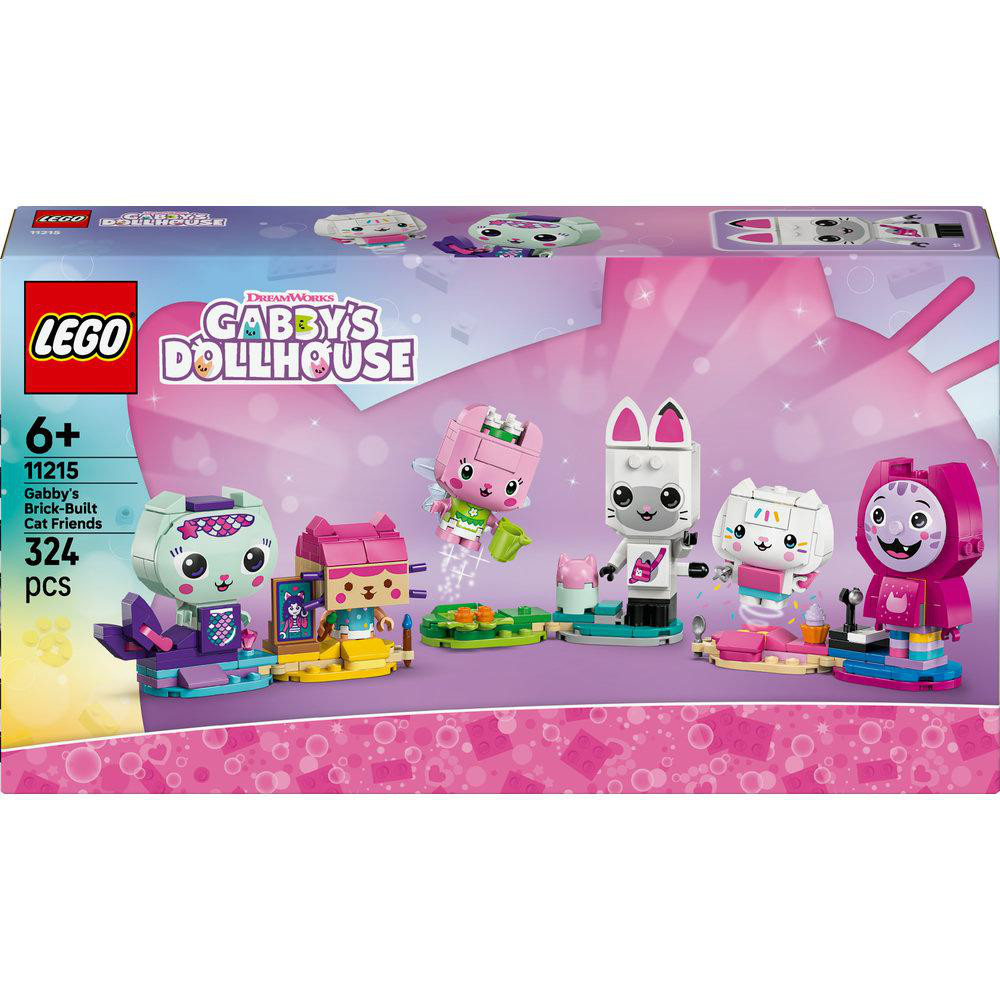 Ein Lego Gabby's Dollhouse Set. Es zeigt mehrere Katzen-Charaktere. Auf der Verpackung befinden sich das Lego- und Dreamworks-Logo.