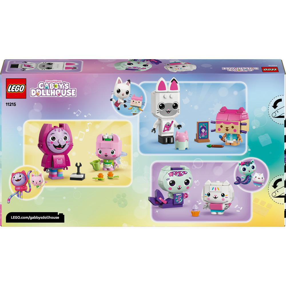 Lego Gabby's Dollhouse Box. Enthält Katzenfiguren. Mehrere Spielzeugsets sind abgebildet. Die Box hat das Lego-Logo und die Nummer 11215.