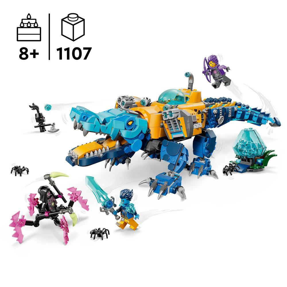 Lego-Set mit großem blau-gelben Dinosaurier, Minifiguren und Spinnen auf weißem Hintergrund. Das Set enthält Alter und Stückzahl.