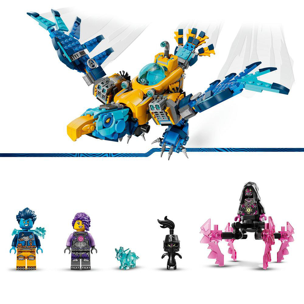 Ein Lego-Set mit einem großen gelb-blauen Mech mit verschiedenen Lego-Figuren und Zubehör, einschließlich eines kleinen blauen Tieres.