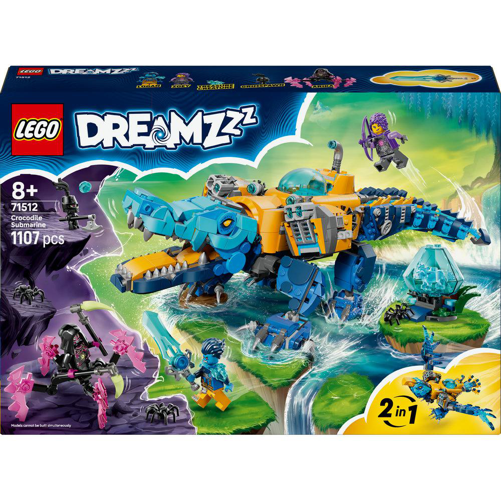 LEGO Dreamzzz Set. Krokodil-U-Boot mit Figuren und Charakteren. Blau und gelb. 2-in-1-Design. Box mit Text und Bildern.