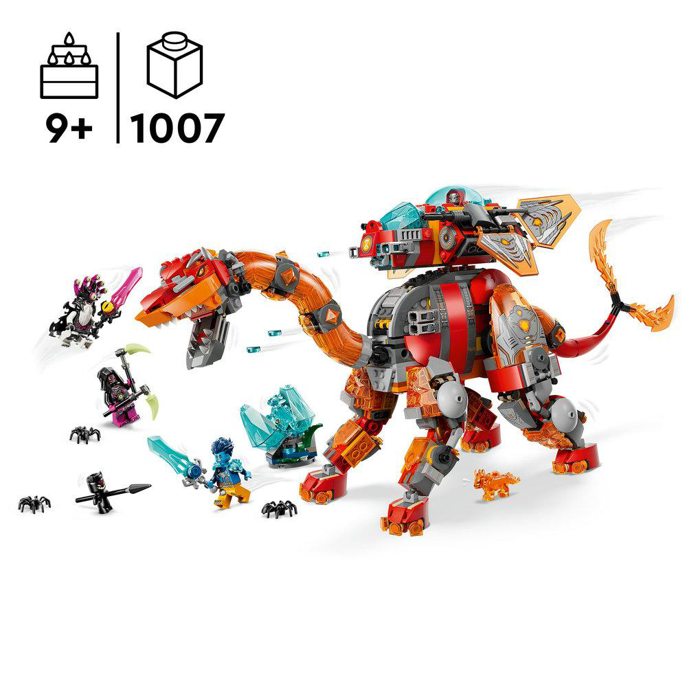 Ein Lego-Set mit einem rot-orangen drachenartigen Geschöpf, Figuren und Zubehör. Das Set ist für Kinder ab 9 Jahren und hat 1007 Teile.