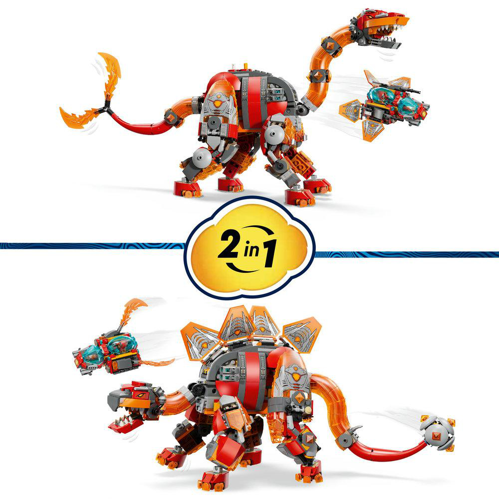 Das Bild zeigt ein 2-in-1-Spielzeug, einen Dinosaurier, der verwandelt werden kann. Es ist rot, orange und grau. Es gibt ein kleines Flugzeug.