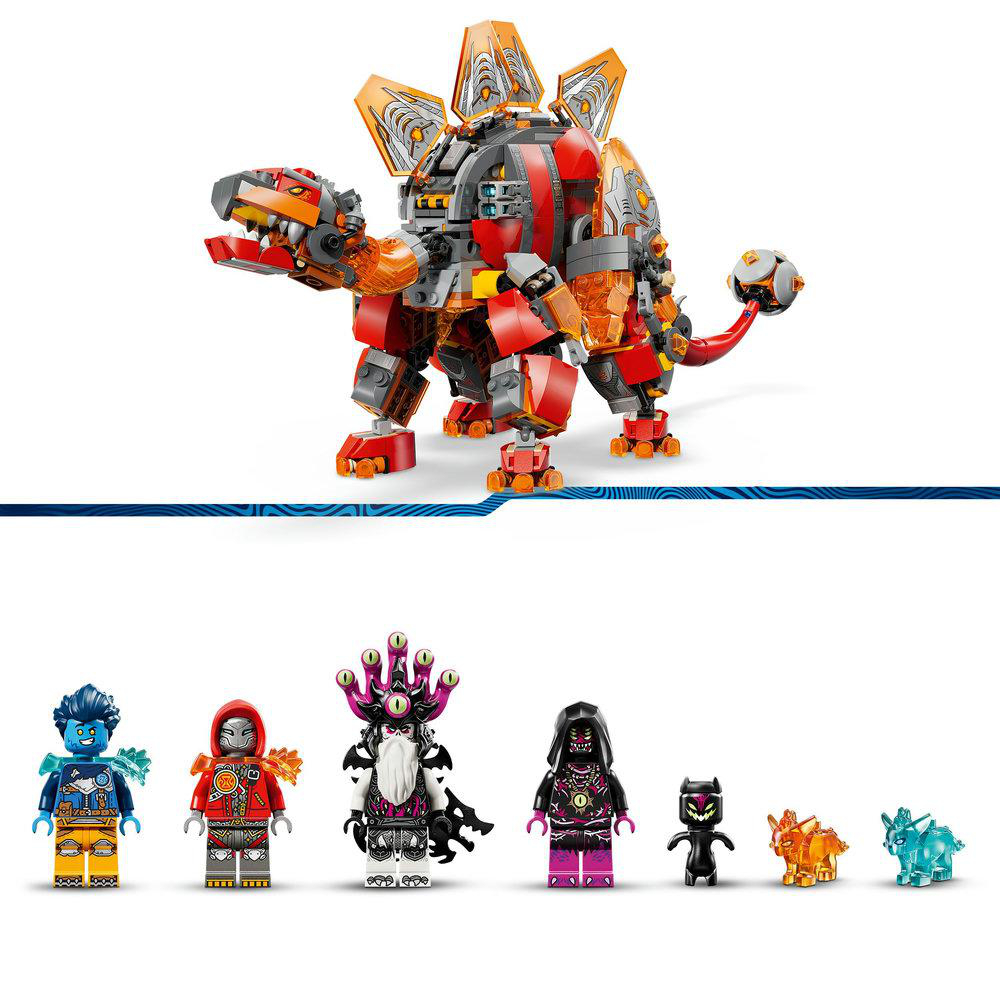 Ein Lego-Set mit einem großen Roboter-Dinosaurier und sieben Mini-Figuren. Farben sind Rot, Orange, Grau und Schwarz. Weißer Hintergrund.