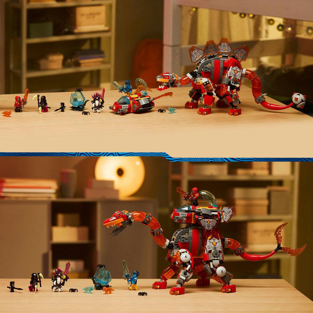 Zwei LEGO-Dinosaurierspielzeuge mit verschiedenen Miniaturfiguren. Die Dinosaurier-Spielzeuge sind rot und orange. Der Hintergrund hat Möbel und ein helles Licht.