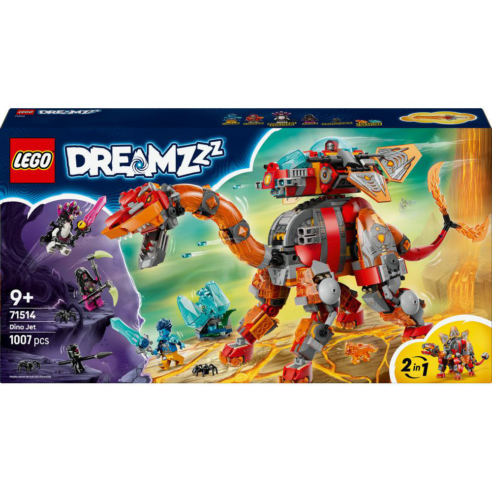 Lego Dreamzzz Set-Box. Es zeigt ein Dino Jet-Modell mit rotem und orangem Farbschema. Zusätzliche Minifiguren und Kreaturen sind vorhanden.
