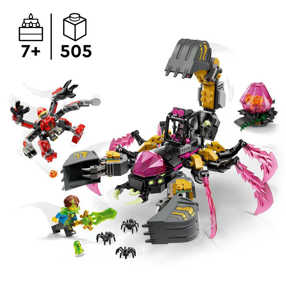 Lego-Set mit einem skorpionartigen Mech, einem roten Spinnen-Mech, Minifiguren und kleinen Spinnen vor weißem Hintergrund.