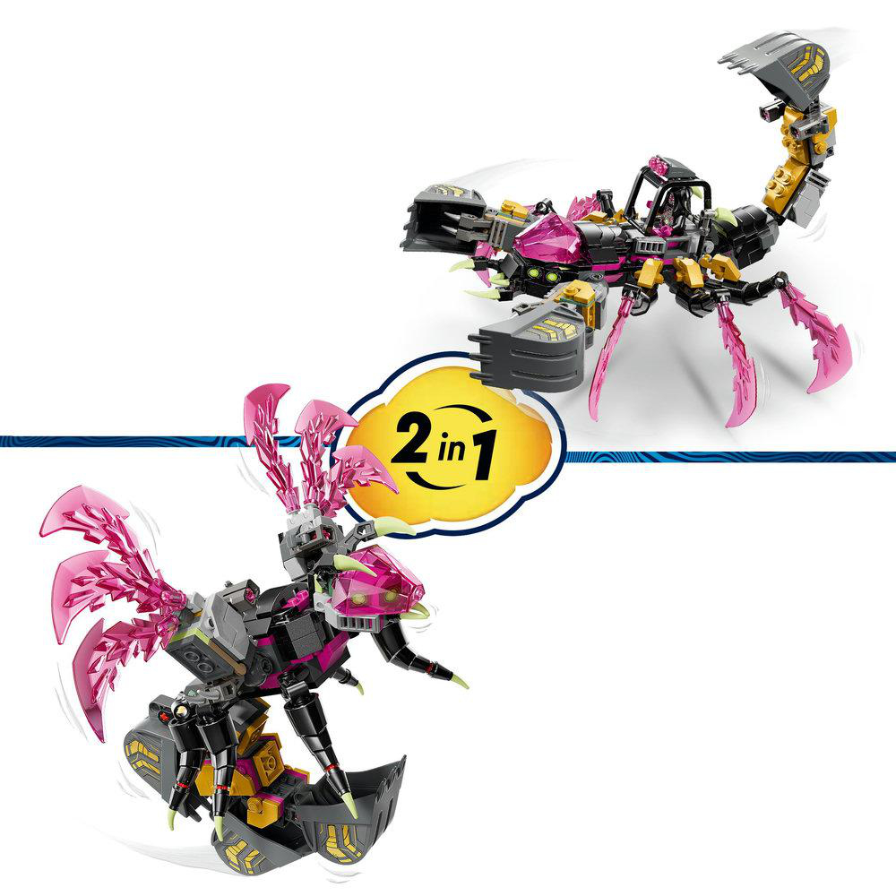 Ein Spielzeugset mit zwei verwandelbaren Fahrzeugen. Eines ist ein Skorpion, das andere ein Drache. Beide bestehen aus schwarzen, gelben und rosa Teilen.