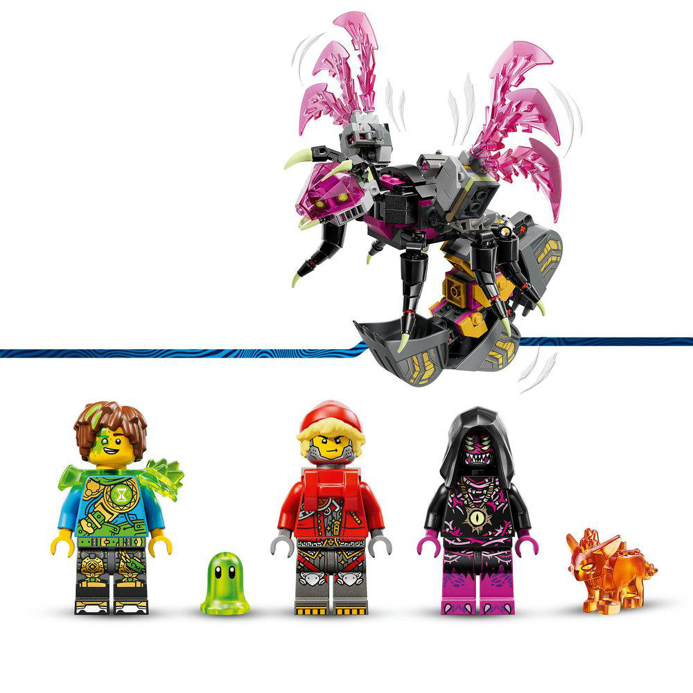 Ein Lego-Set mit einem großen, geflügelten, mechanischen Wesen und vier Minifiguren. Farben sind Schwarz, Pink, Gelb und Grün. Ein kleiner Geist ist vorhanden.