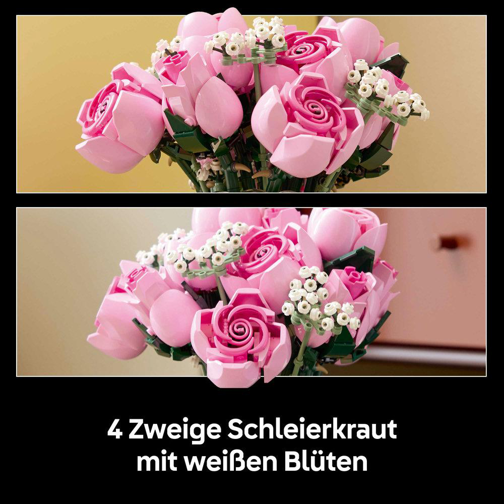 Das Bild zeigt einen Strauß aus rosa Rosen und weißen Blumen. Der Hintergrund ist ein Gelbverlauf. Text unten zeigt die Blumen.